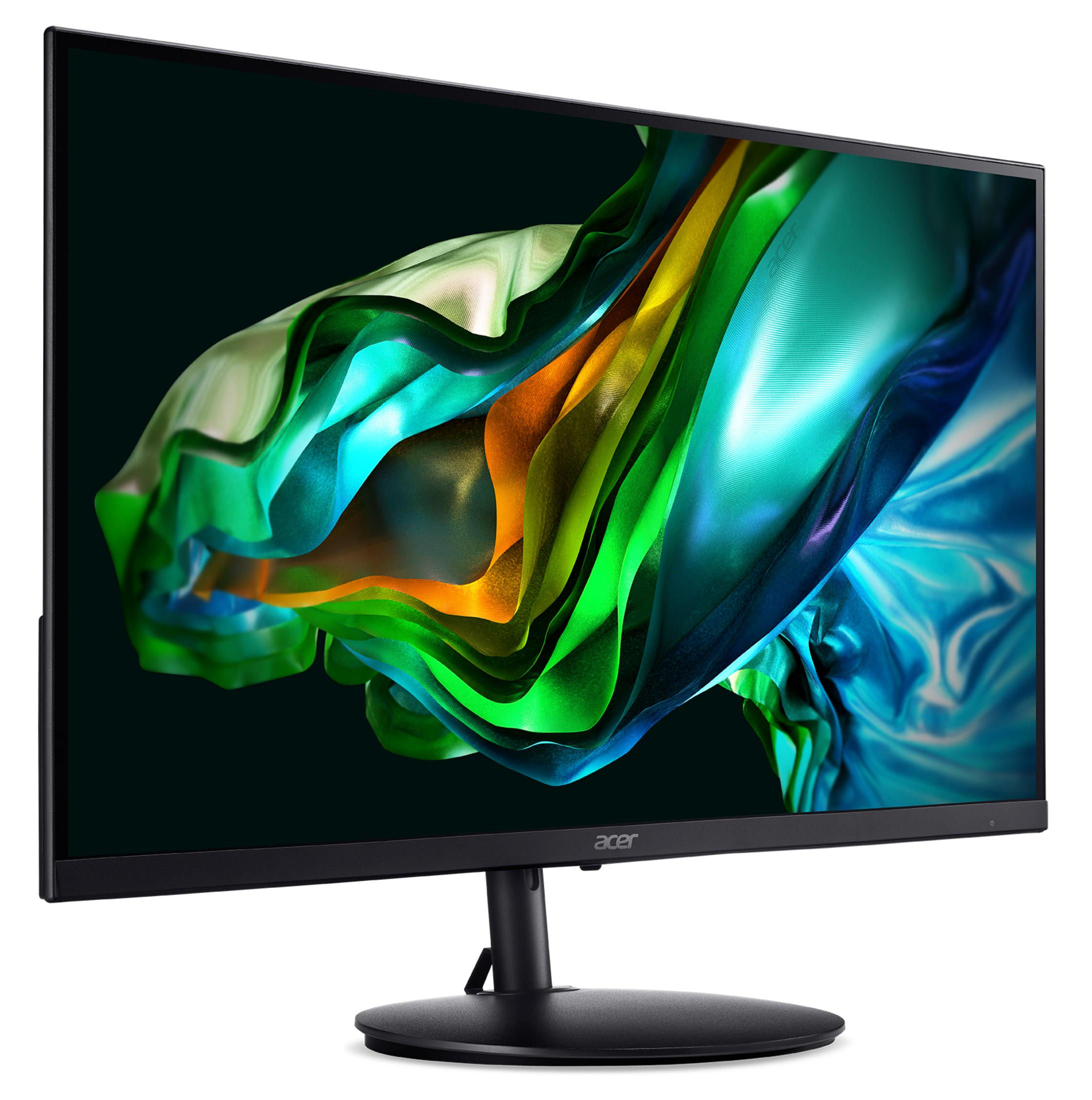 Monitor Acer con sfondo astratto colorato. Ha un supporto e una cornice neri. Il logo Acer è visibile.