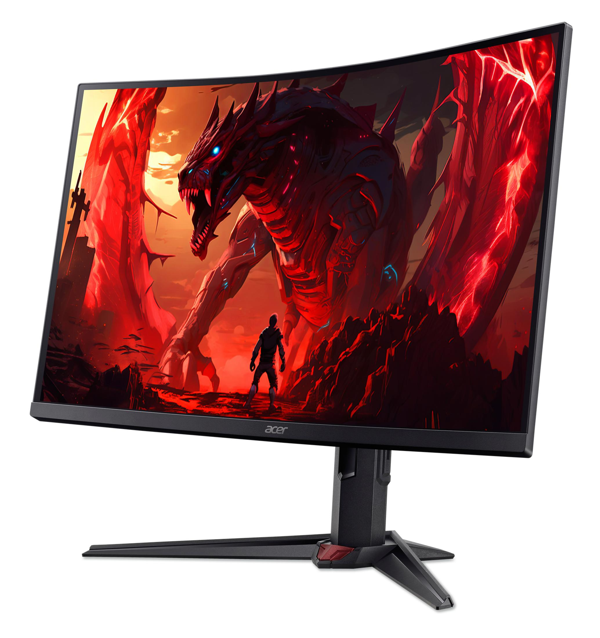 Il monitor curvo Acer mostra un drago rosso e una figura. Supporto nero con dettagli rossi. Sfondo bianco.