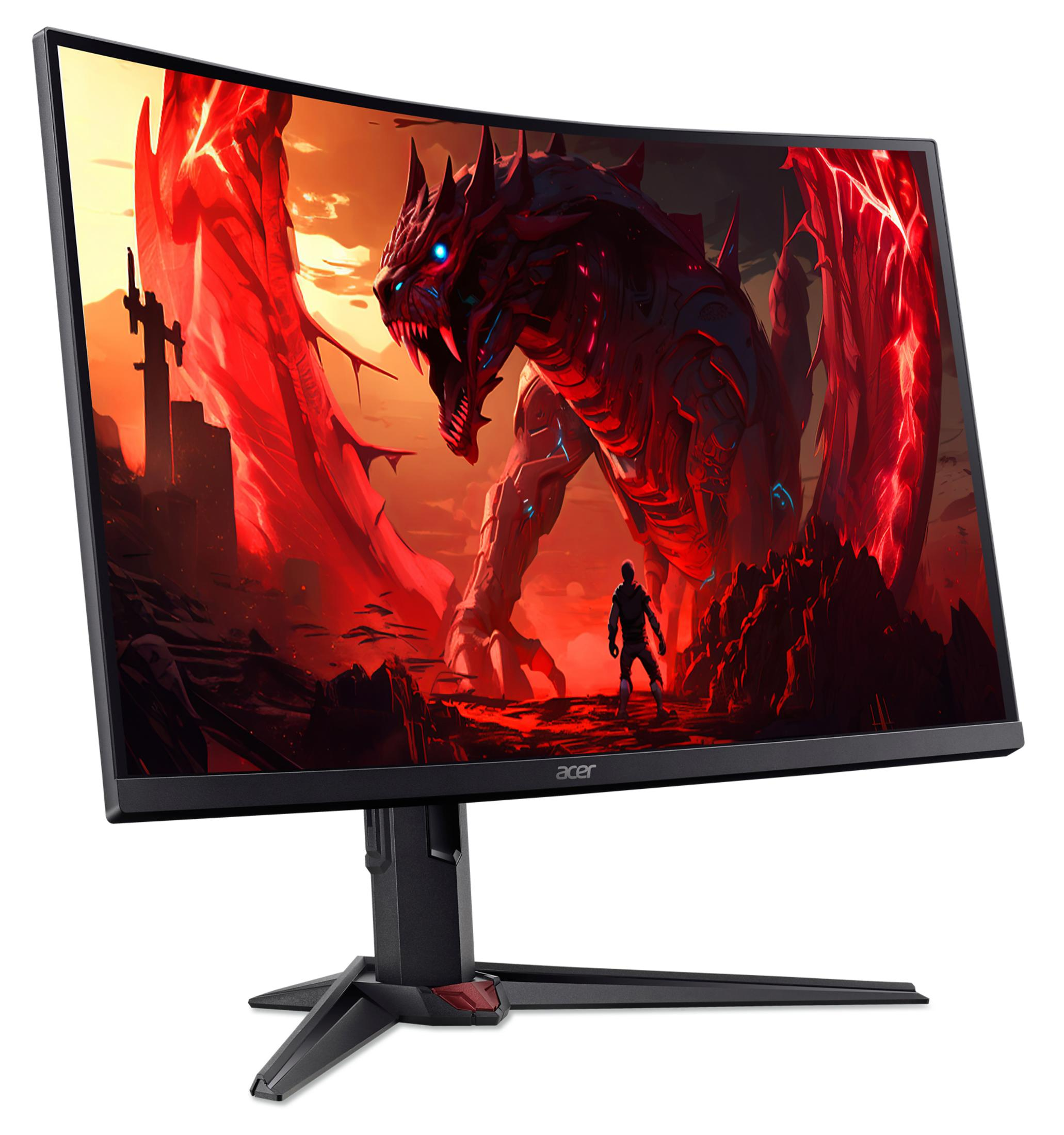 Un monitor curvo mostra una scena fantasy con un drago e una figura. Il monitor ha una cornice nera, un supporto nero e il logo Acer.