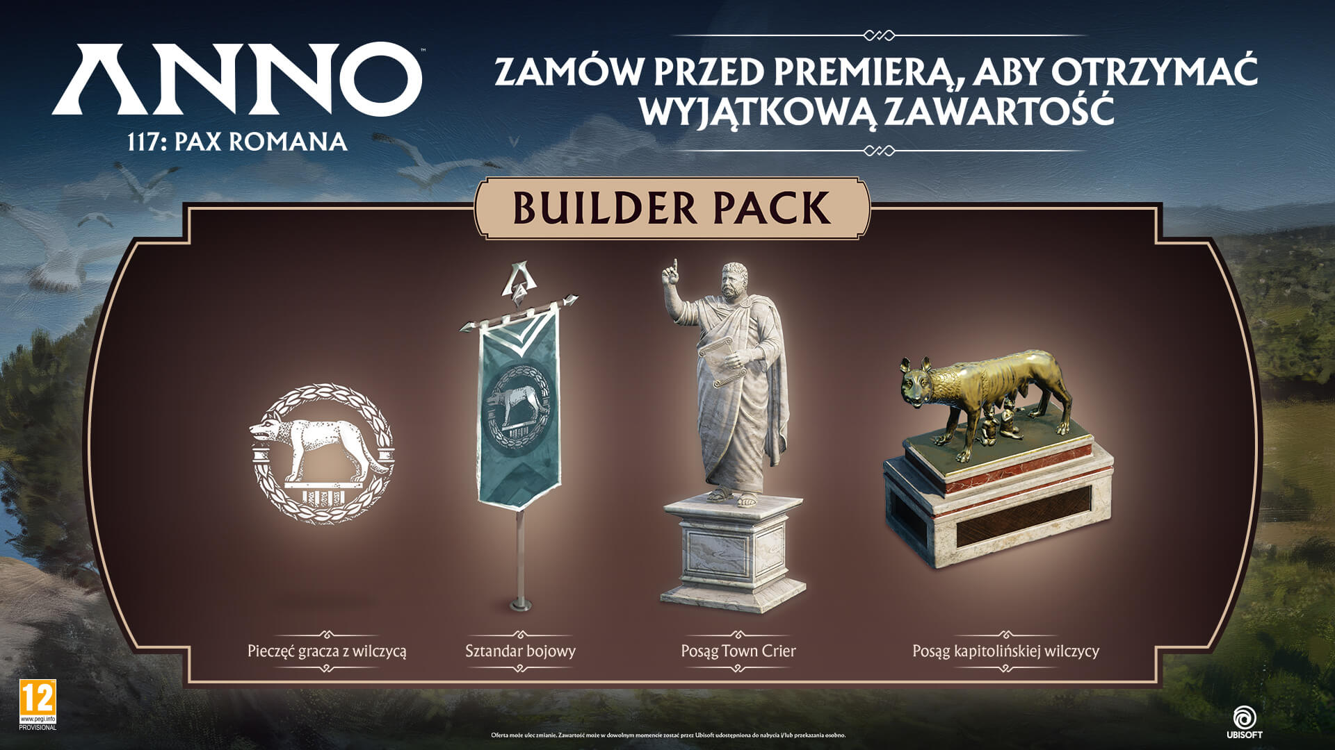 Immagine promozionale di Anno 117 Pax Romana. Include una statua di lupo, uno stendardo e altri oggetti di gioco.