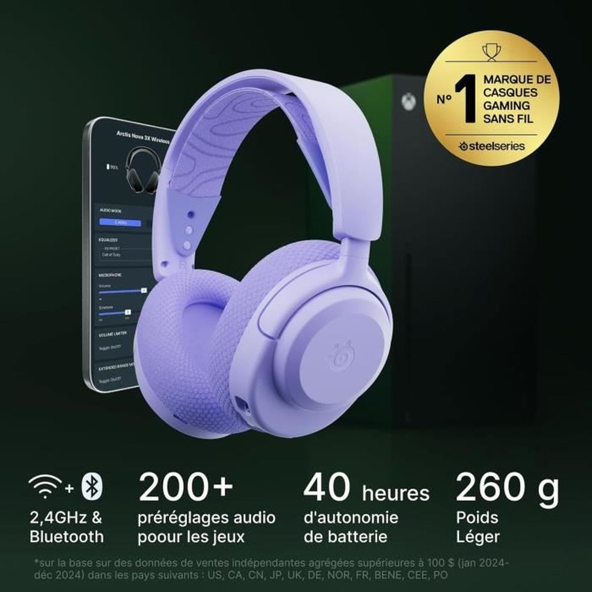 Cuffie da gioco viola con telefono che mostra le impostazioni e infografica con specifiche.