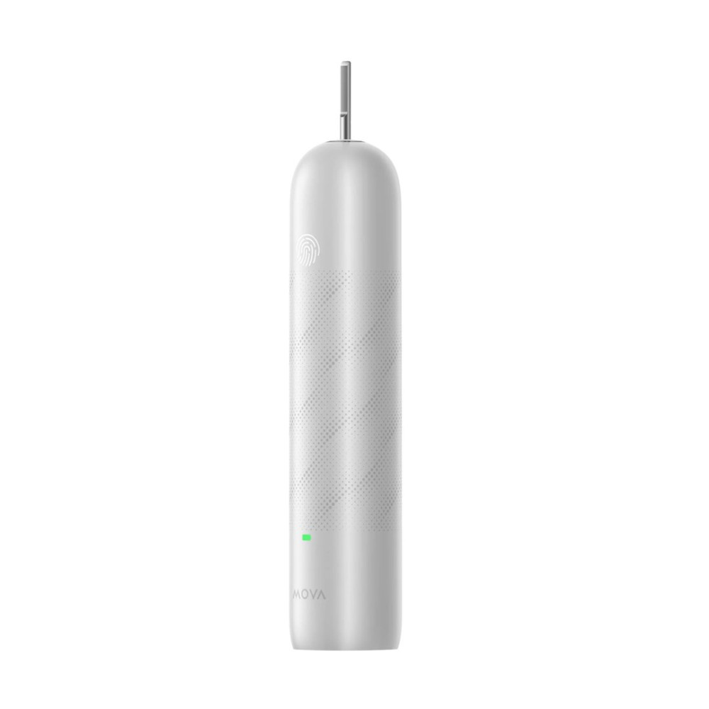 Uno spazzolino elettrico bianco con la parte superiore argentata. Ha un simbolo di impronta digitale e la parola MOVA. Una luce verde è accesa.