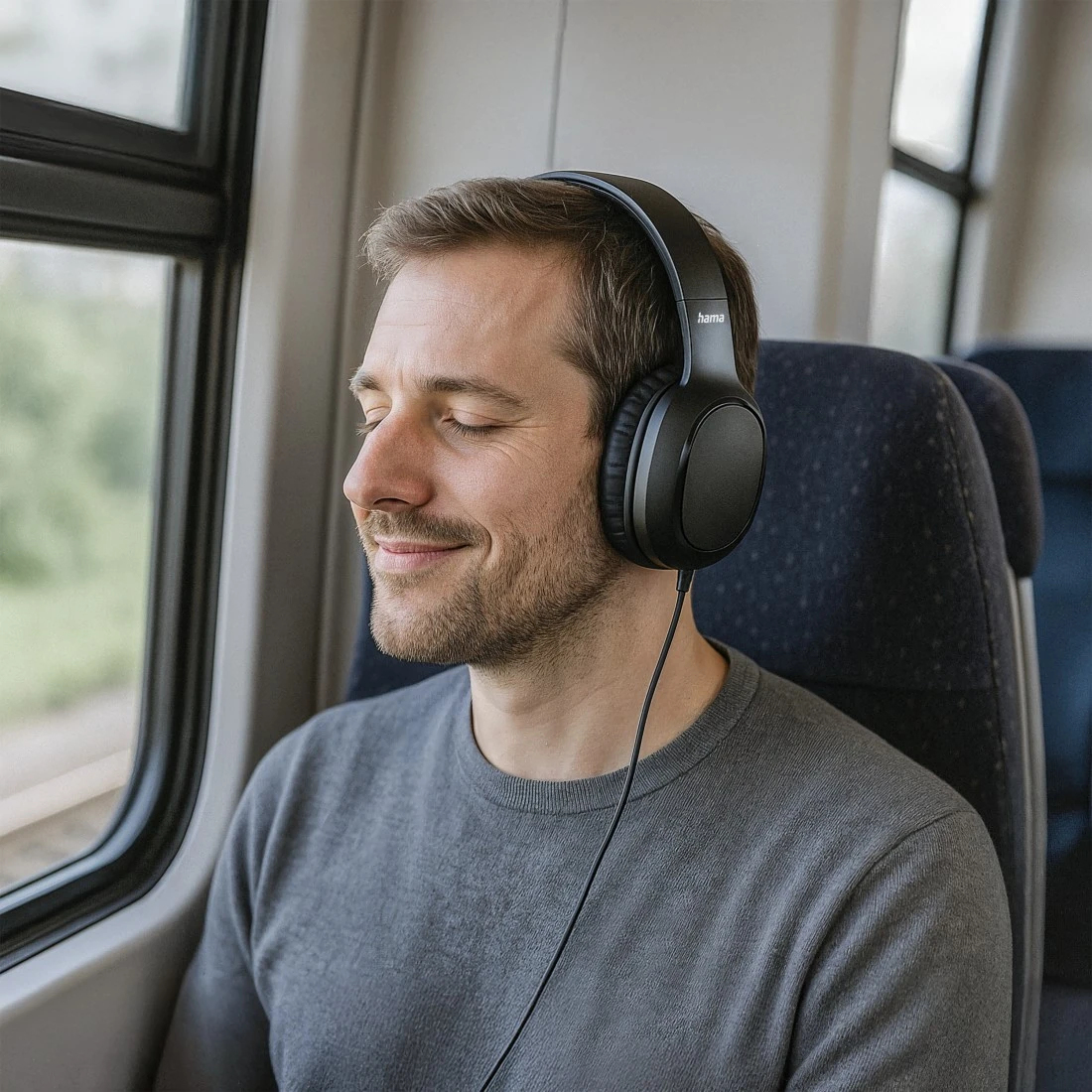 Ein Mann im Zug mit Kopfhörern, Augen geschlossen, lächelnd. Er trägt einen grauen Pullover. Das Fenster zeigt eine verschwommene Außenansicht.