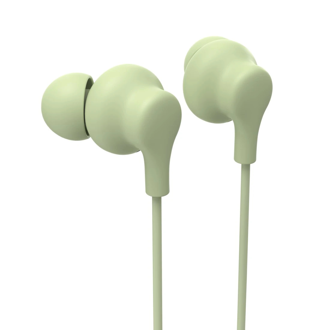 Due auricolari verde chiaro su sfondo bianco. Ogni auricolare ha una forma arrotondata con un cavo sottile.