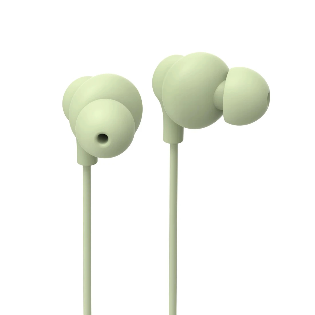 Due auricolari verde chiaro con fili sottili su sfondo bianco. Un auricolare è leggermente più vicino dell'altro.