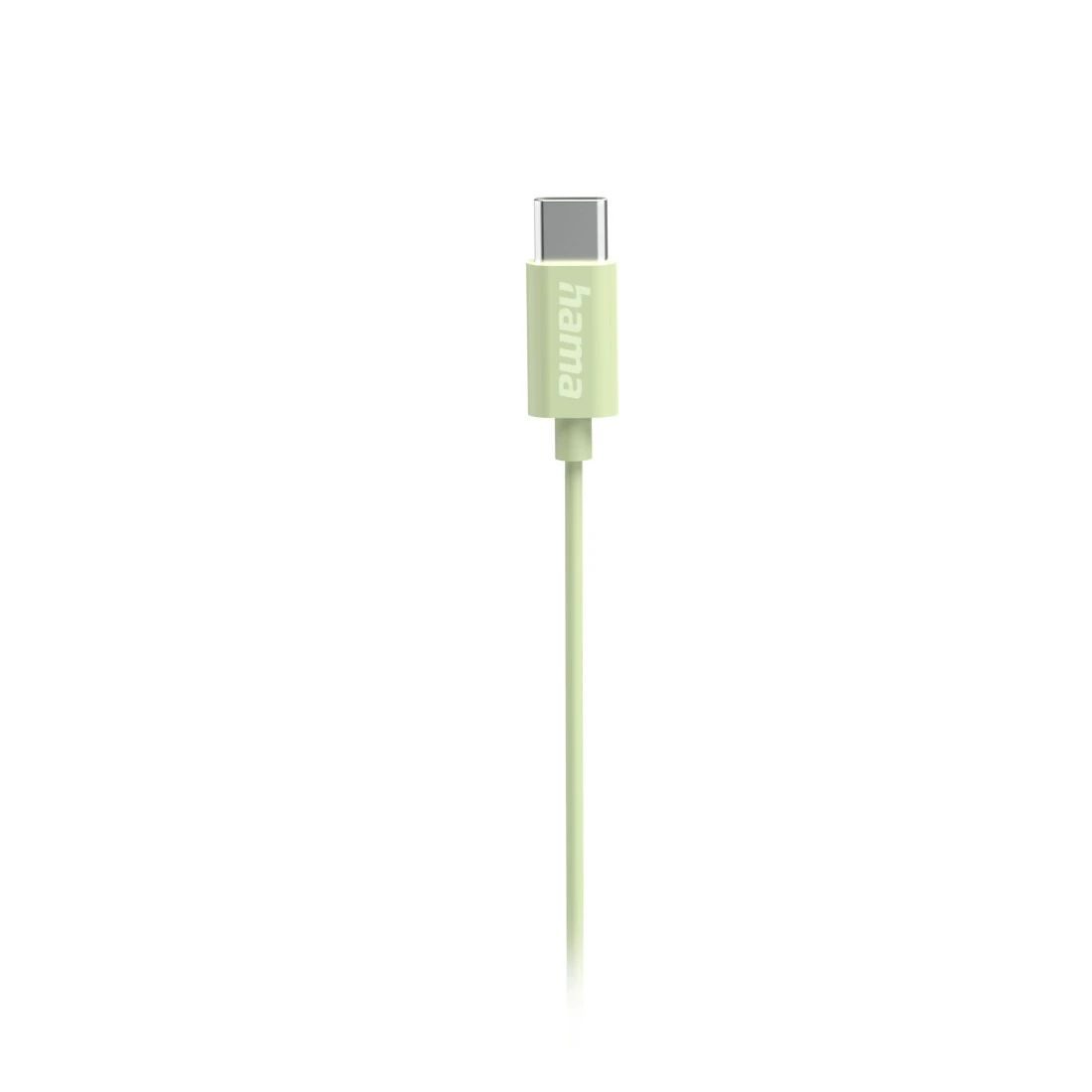 Un cavo USB-C verde su sfondo bianco. Il cavo ha un connettore metallico e la scritta "hama" stampata.
