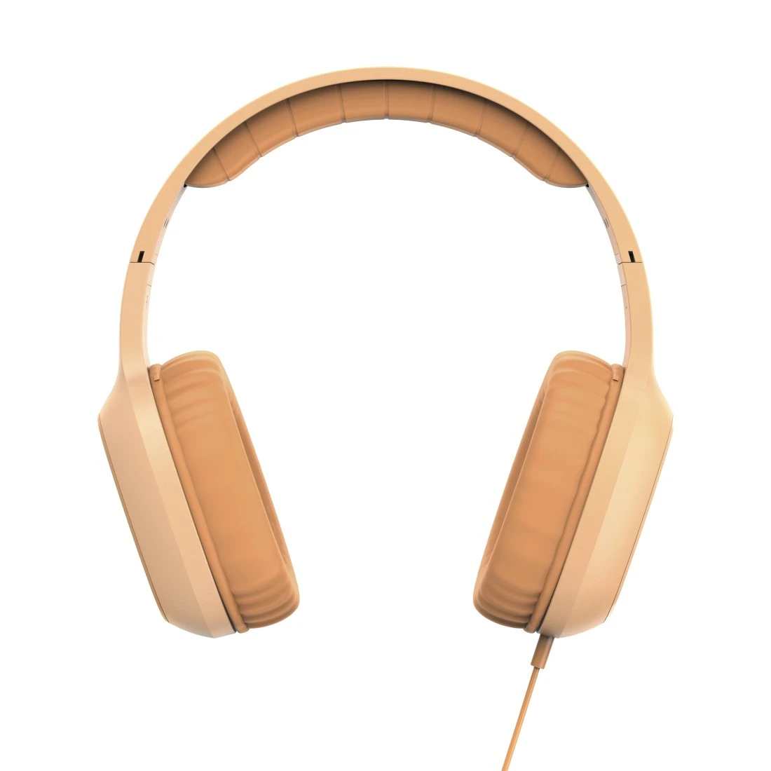 Para beżowych słuchawek na białym tle. Słuchawki mają łukowaty pałąk i nauszniki.