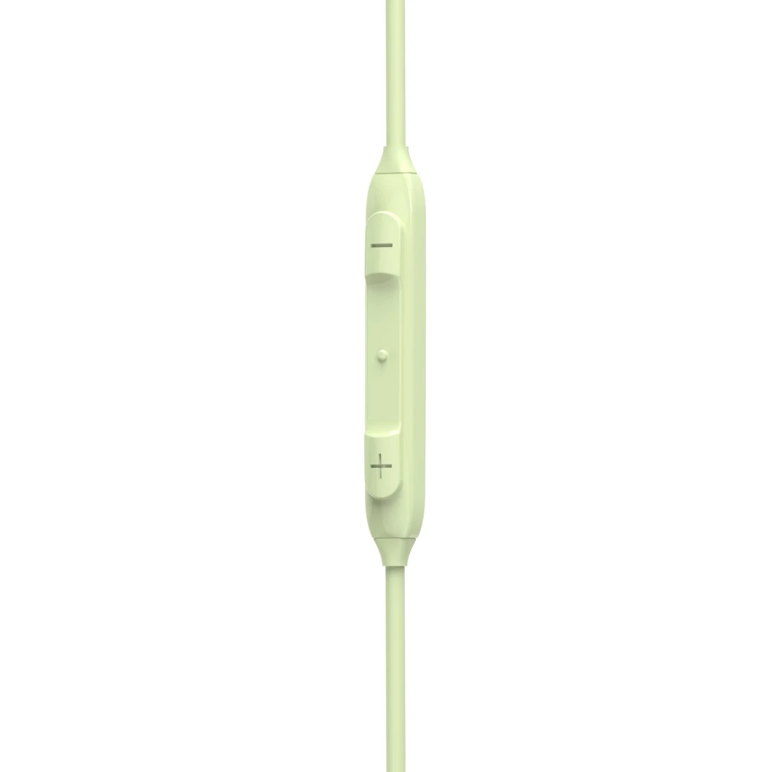 Un primo piano del controllo degli auricolari verde chiaro. Ha un pulsante per alzare e abbassare il volume e un pulsante centrale. Lo sfondo è bianco.