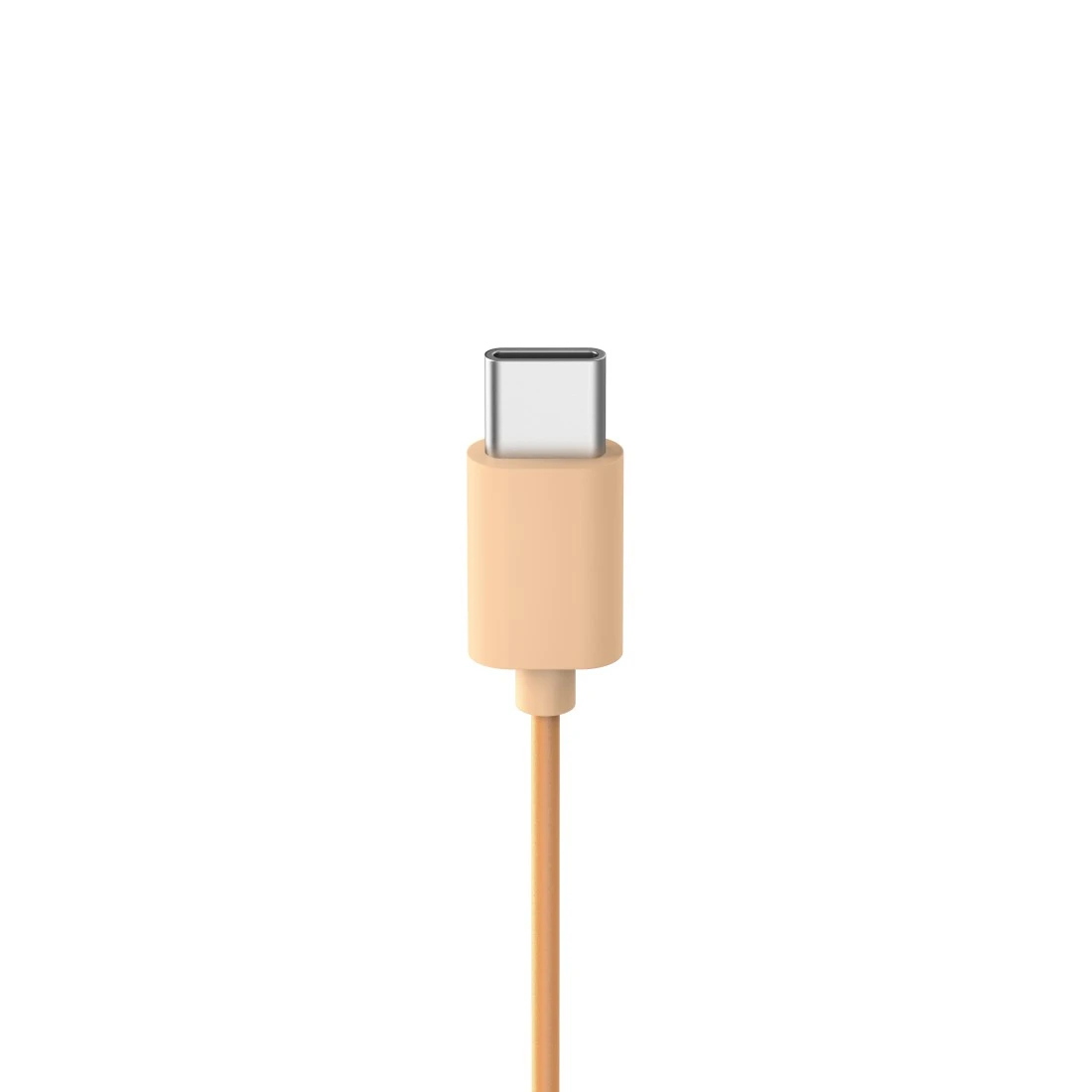 Kabel ładujący USB-C. Ma srebrne złącze i beżowy korpus, z cienkim pomarańczowym kablem biegnącym w dół na białym tle.