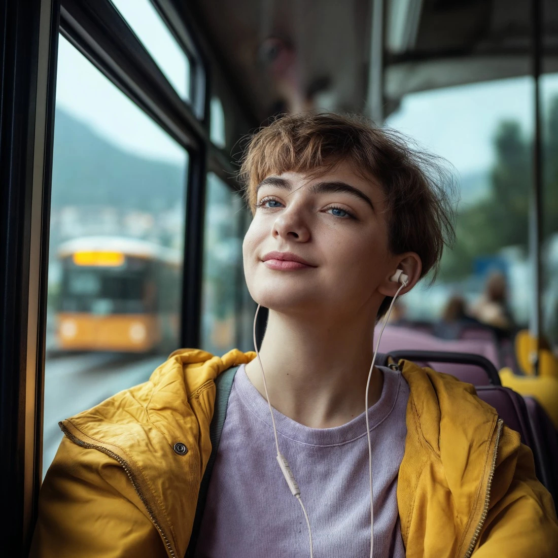 Młoda kobieta z krótkimi włosami i niebieskimi oczami słucha muzyki w autobusie, w żółtej kurtce. Na zewnątrz widać żółty tramwaj.