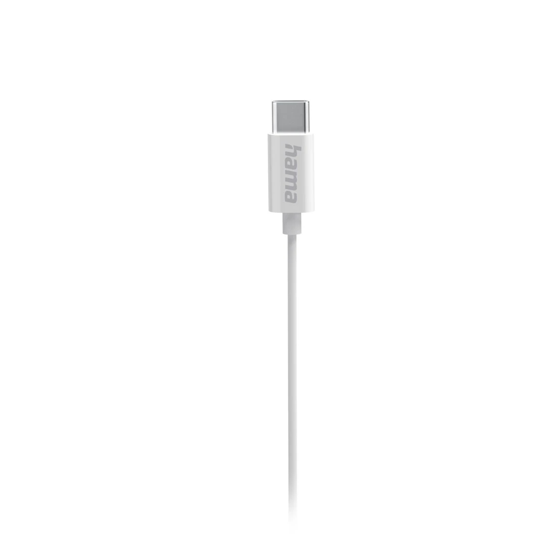 Ein weißes USB-C-Ladekabel mit silbernem Stecker. Der Markenname 'hama' ist auf dem Stecker aufgedruckt.