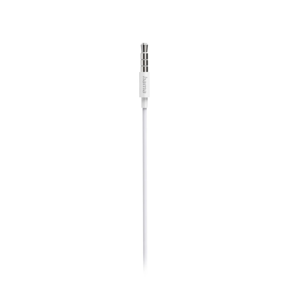 Ein weißes Audiokabel mit silberner Spitze und dem Markennamen 'hama' auf dem Kunststoffteil, vor weißem Hintergrund.