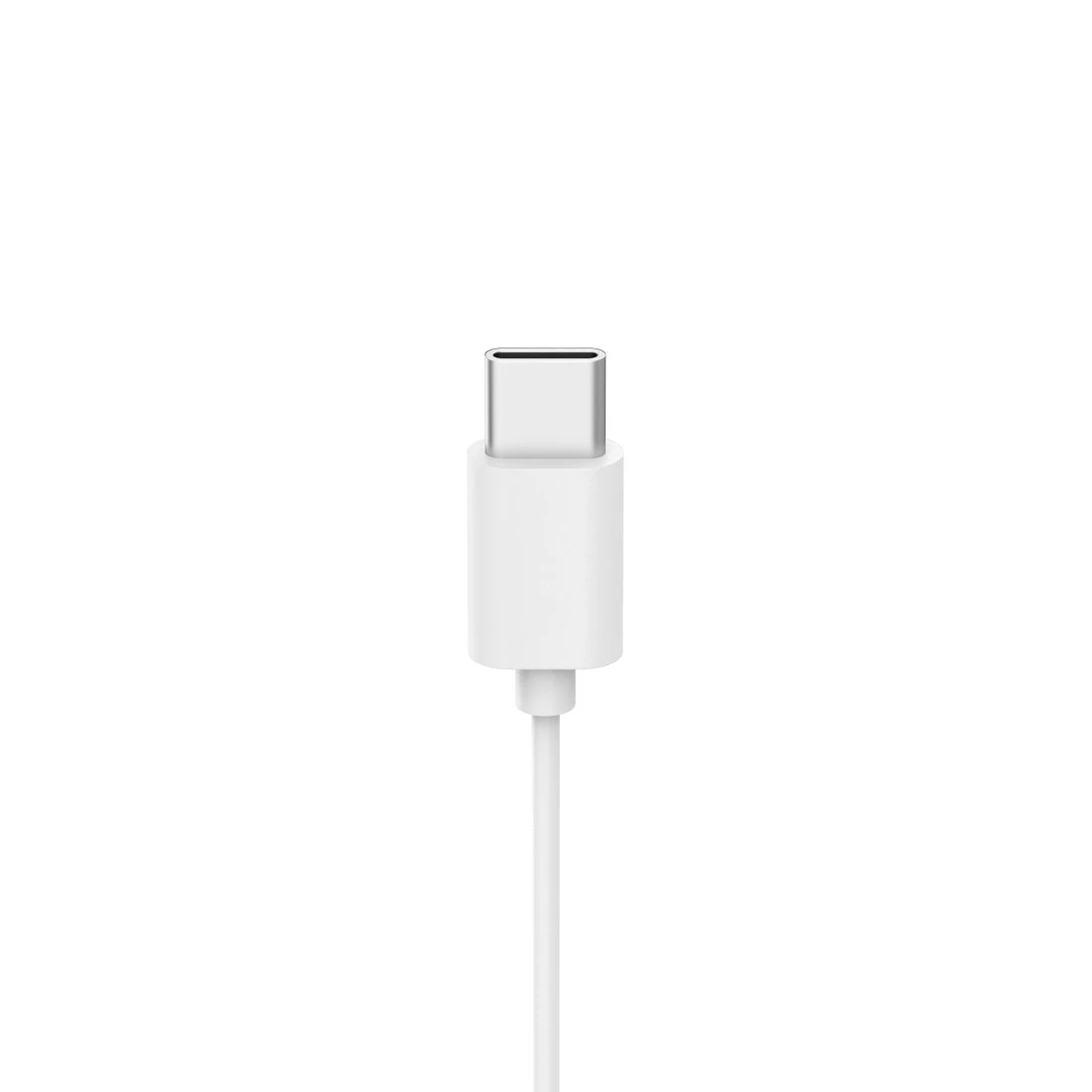 Biały kabel ładujący USB-C na białym tle. Kabel jest pionowy, z wtyczką USB-C u góry.