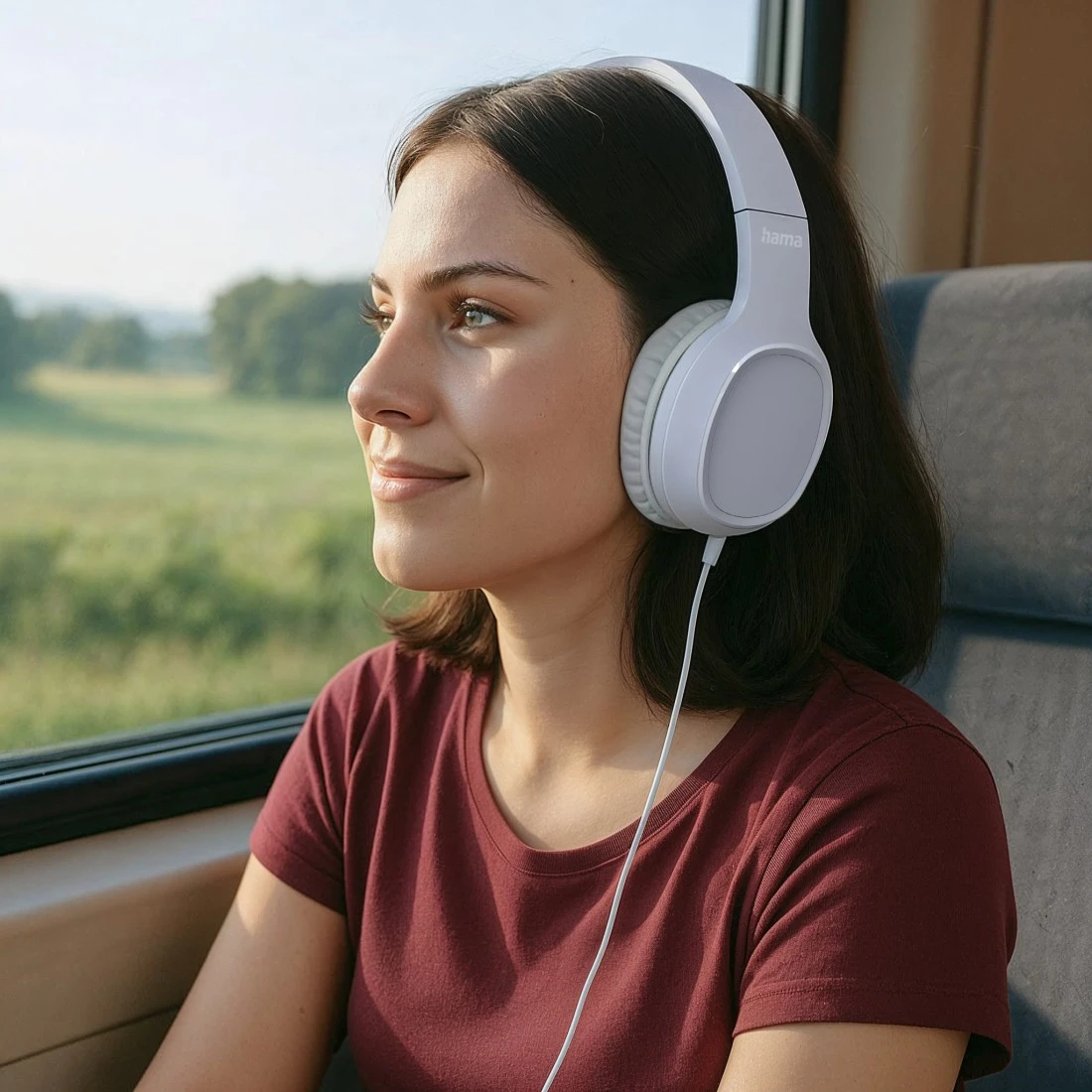 Kobieta w białych słuchawkach, wyglądająca przez okno pociągu na zielony krajobraz. Ma bordową koszulę.
