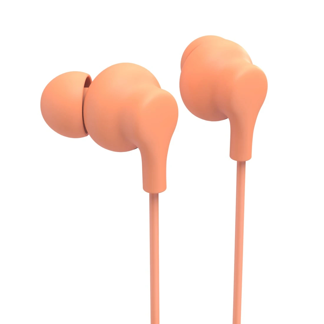 Due auricolari color pesca con fili. Gli auricolari sono in primo piano, su sfondo bianco.