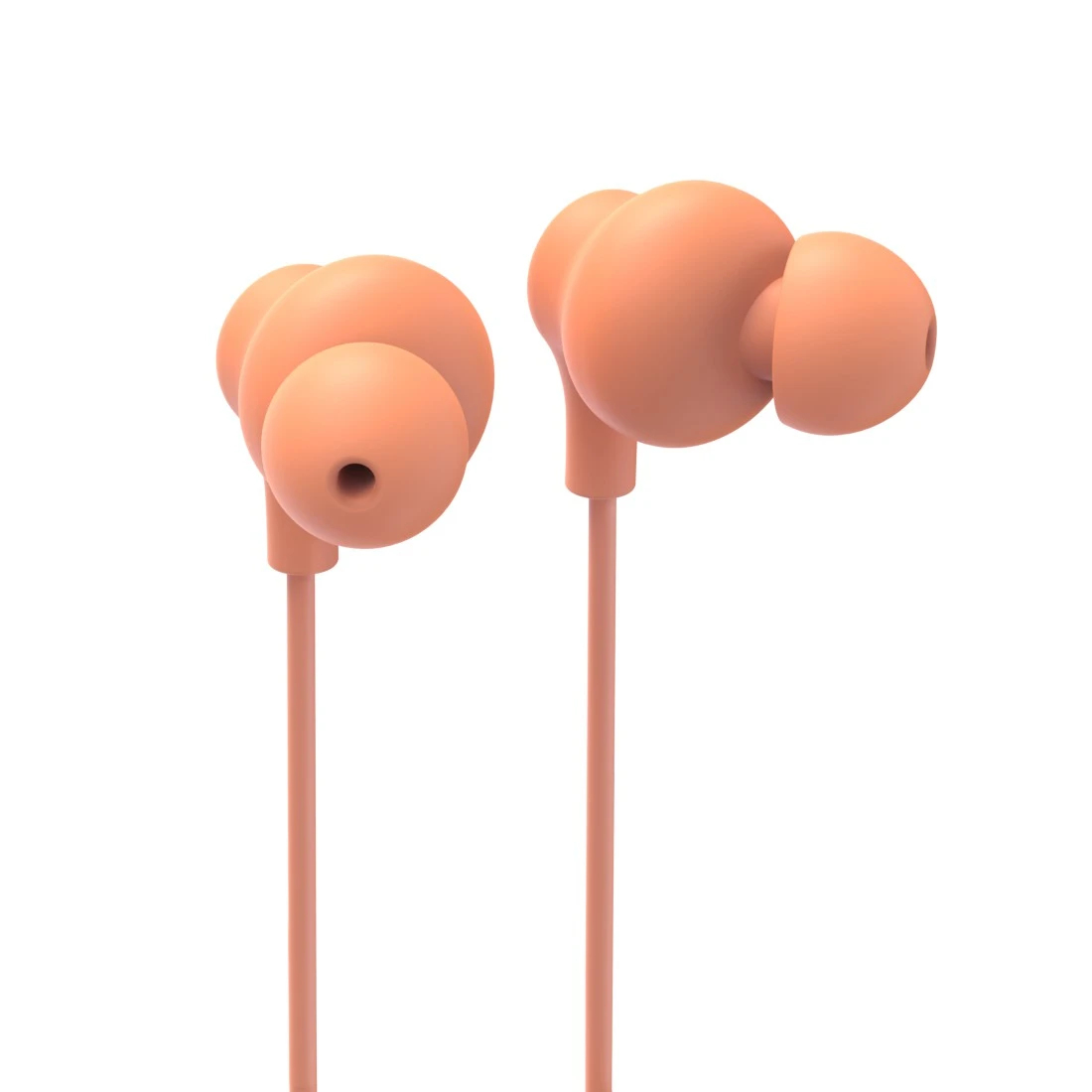 Due auricolari color pesca con fili isolati su sfondo bianco. Gli auricolari hanno una forma arrotondata.