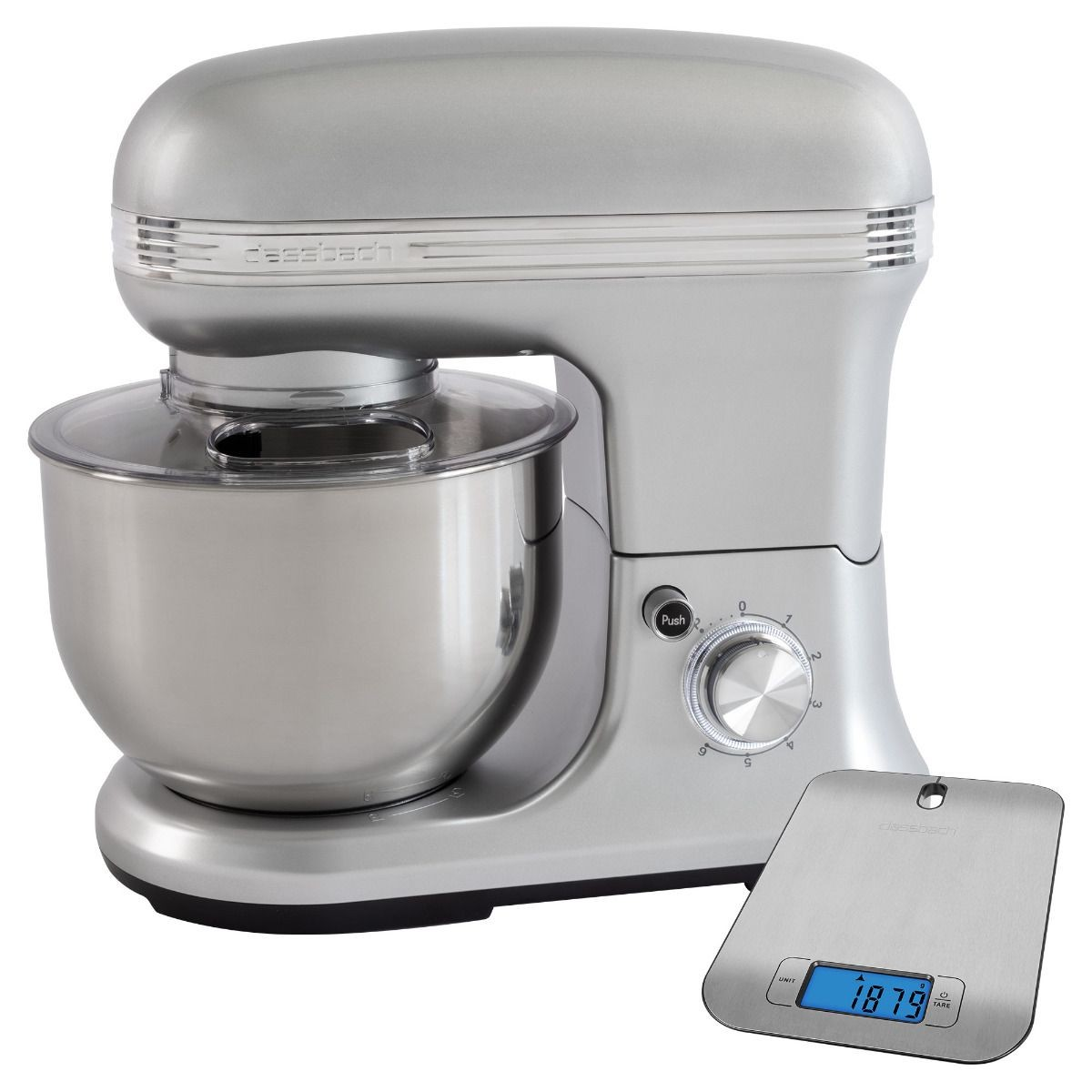 Srebrny mikser kuchenny z misą i wagą. Waga pokazuje 1879. Pokrętło i przycisk znajdują się na mikserze.