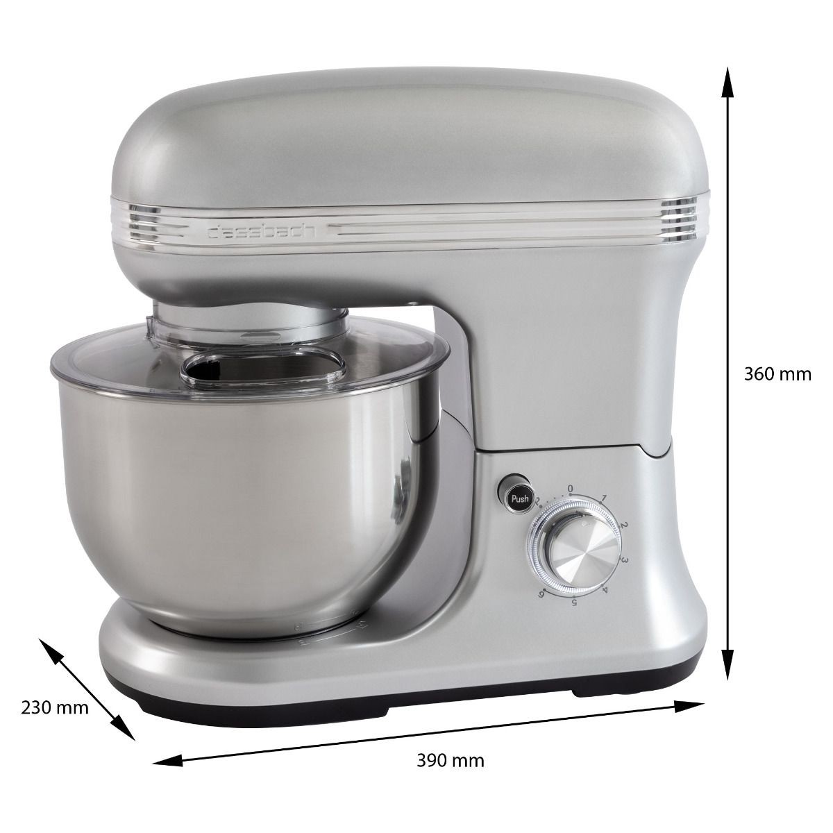 Srebrny mikser kuchenny z misą i przezroczystą plastikową pokrywą. Wymiary: 390 mm, 360 mm i 230 mm.