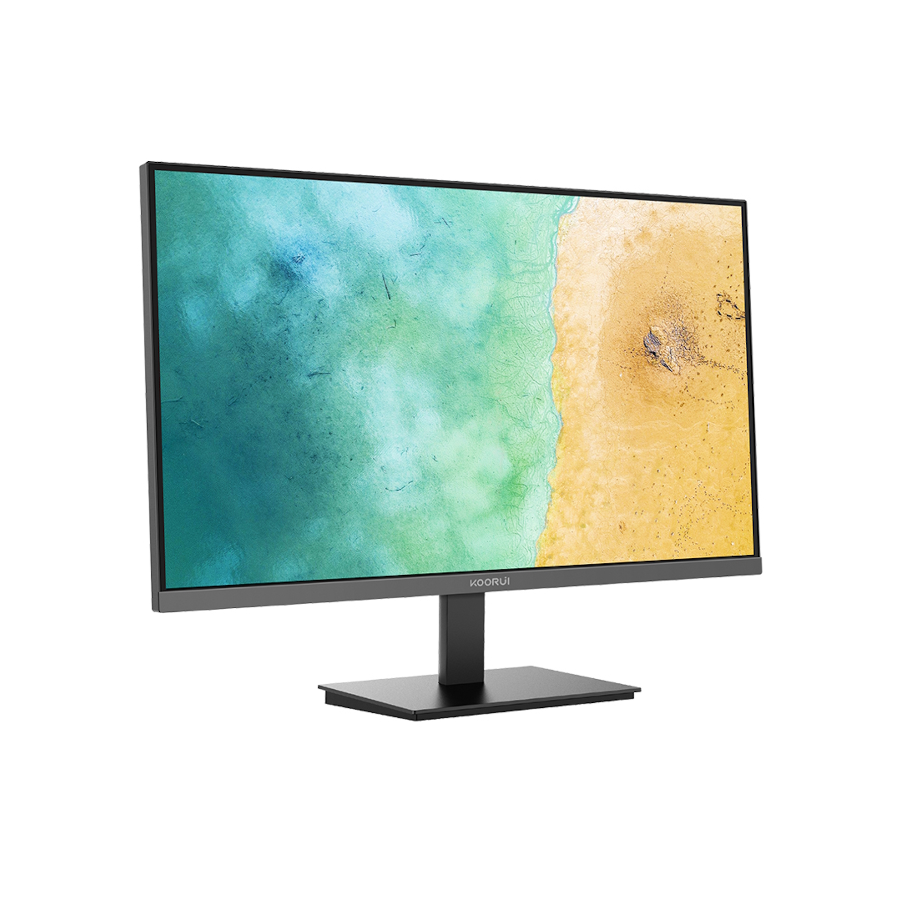 Ein Computermonitor zeigt eine abstrakte Strandszene. Der Monitor ist schwarz und hat einen schwarzen Ständer. Der Hintergrund ist weiß.