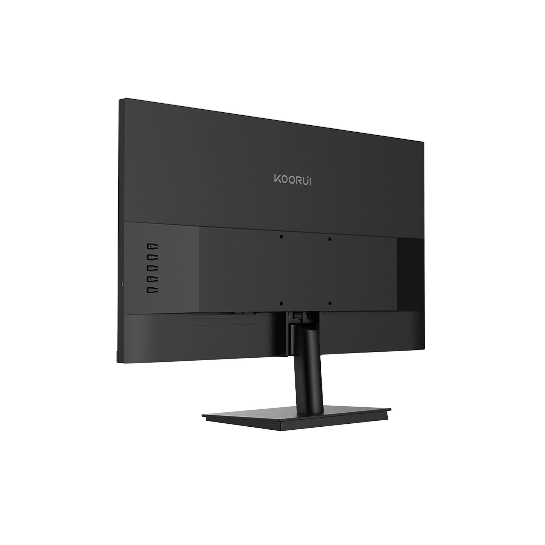 Ein schwarzer Computermonitor, die Rückseite ist sichtbar, mit dem Markennamen 'KOORUI'. Er hat einen schwarzen Ständer.