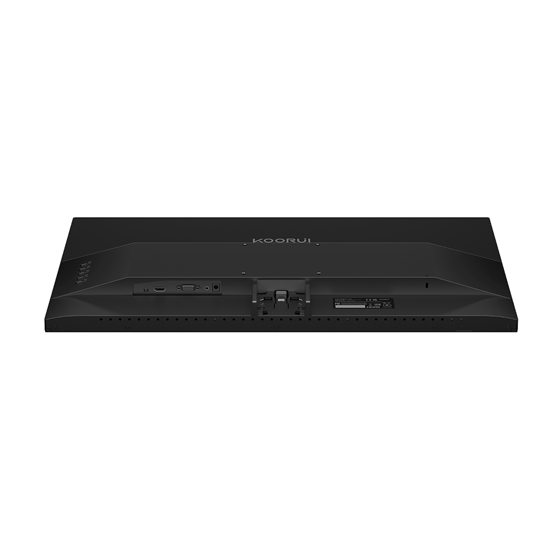 Rückansicht eines schwarzen Computermonitors. Er hat Anschlüsse, eine Halterung und den Markennamen KOORUI.