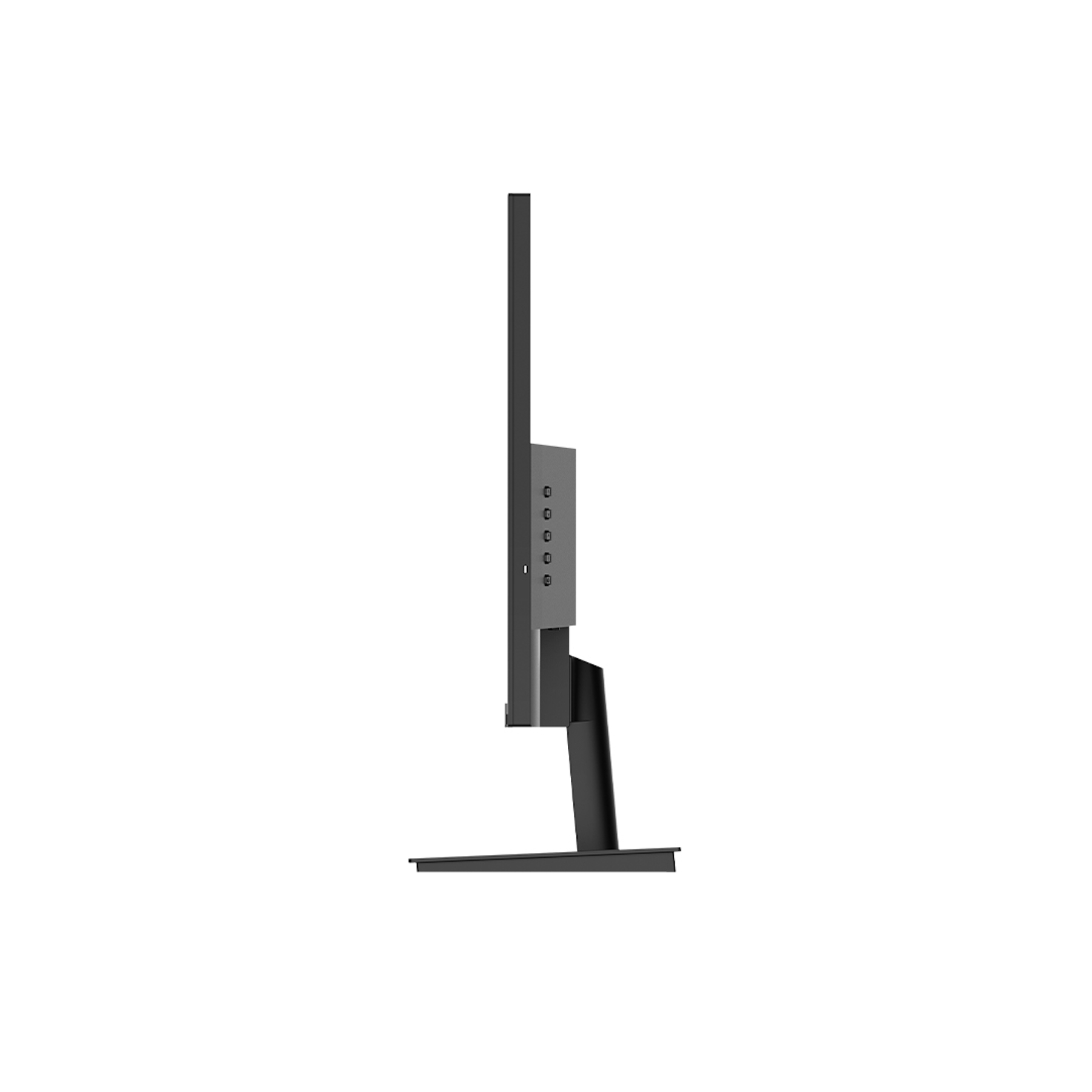 Seitenansicht eines schwarzen Computermonitors. Der Bildschirm ist dünn, mit Ständer und Basis.