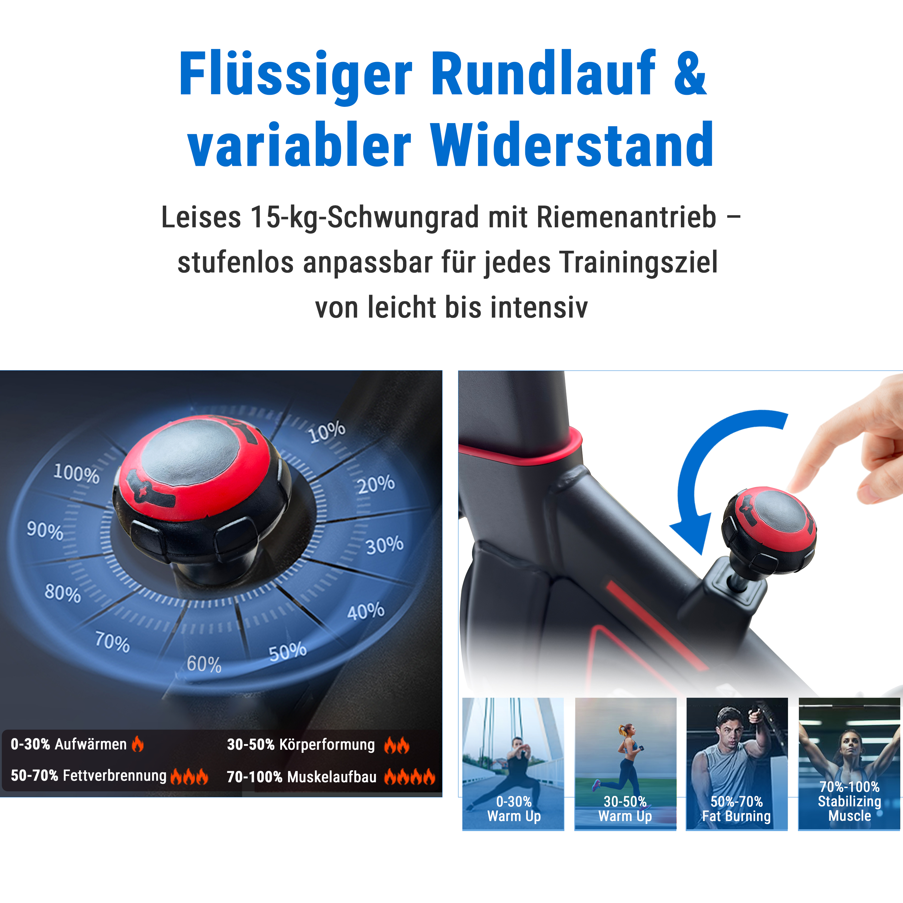 Das Bild zeigt ein Trainingsrad mit einstellbarem Widerstand. Der Knopf wird von einer Hand gedreht, blauer Pfeil.