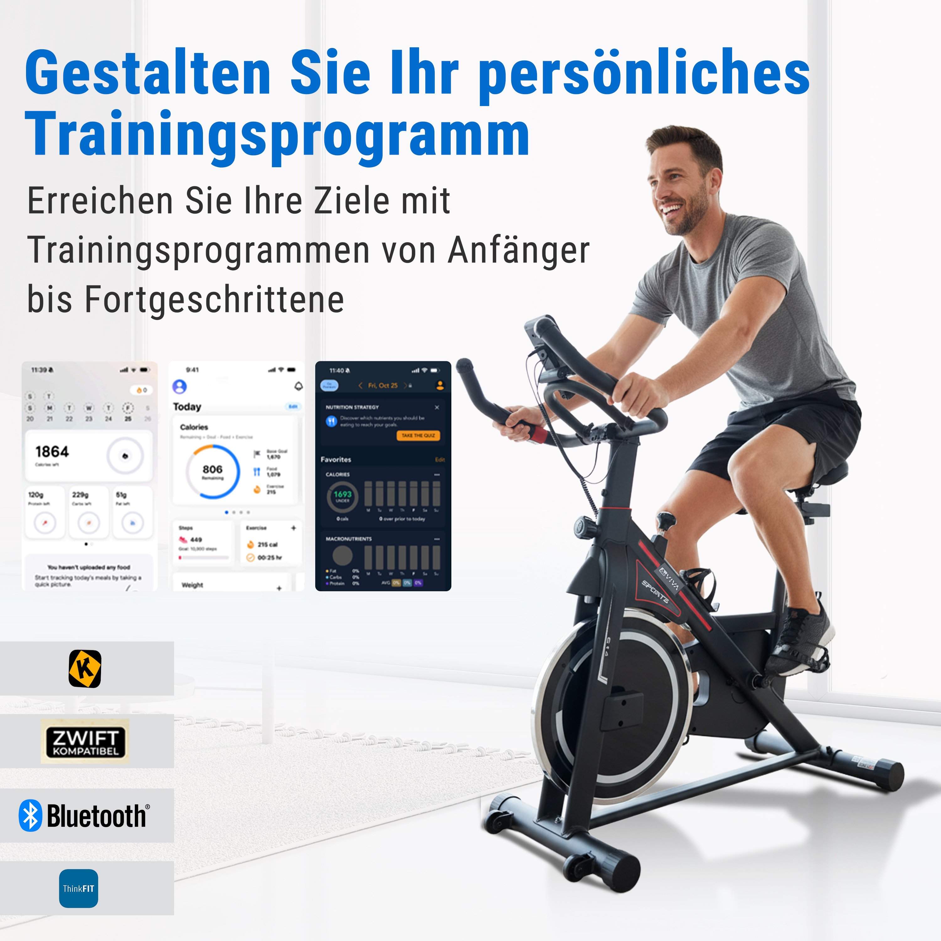 Ein Mann fährt ein stationäres Fahrrad. Es gibt Bildschirme mit Trainingsdaten. Der Text ist auf Deutsch.