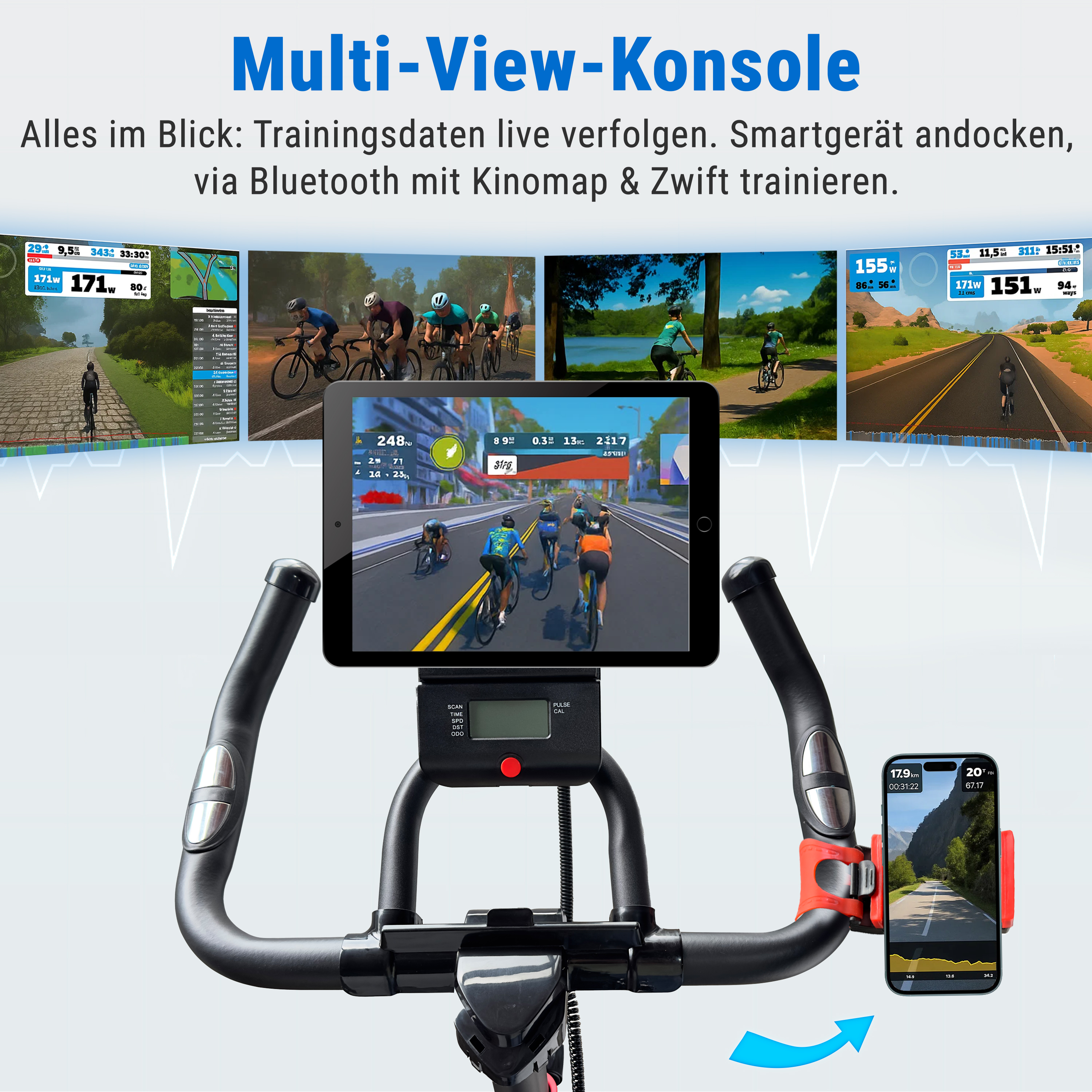 Fahrradkonsole mit mehreren Ansichten von Radfahrdaten und einem Smartphone, das eine Straßenansicht zeigt.