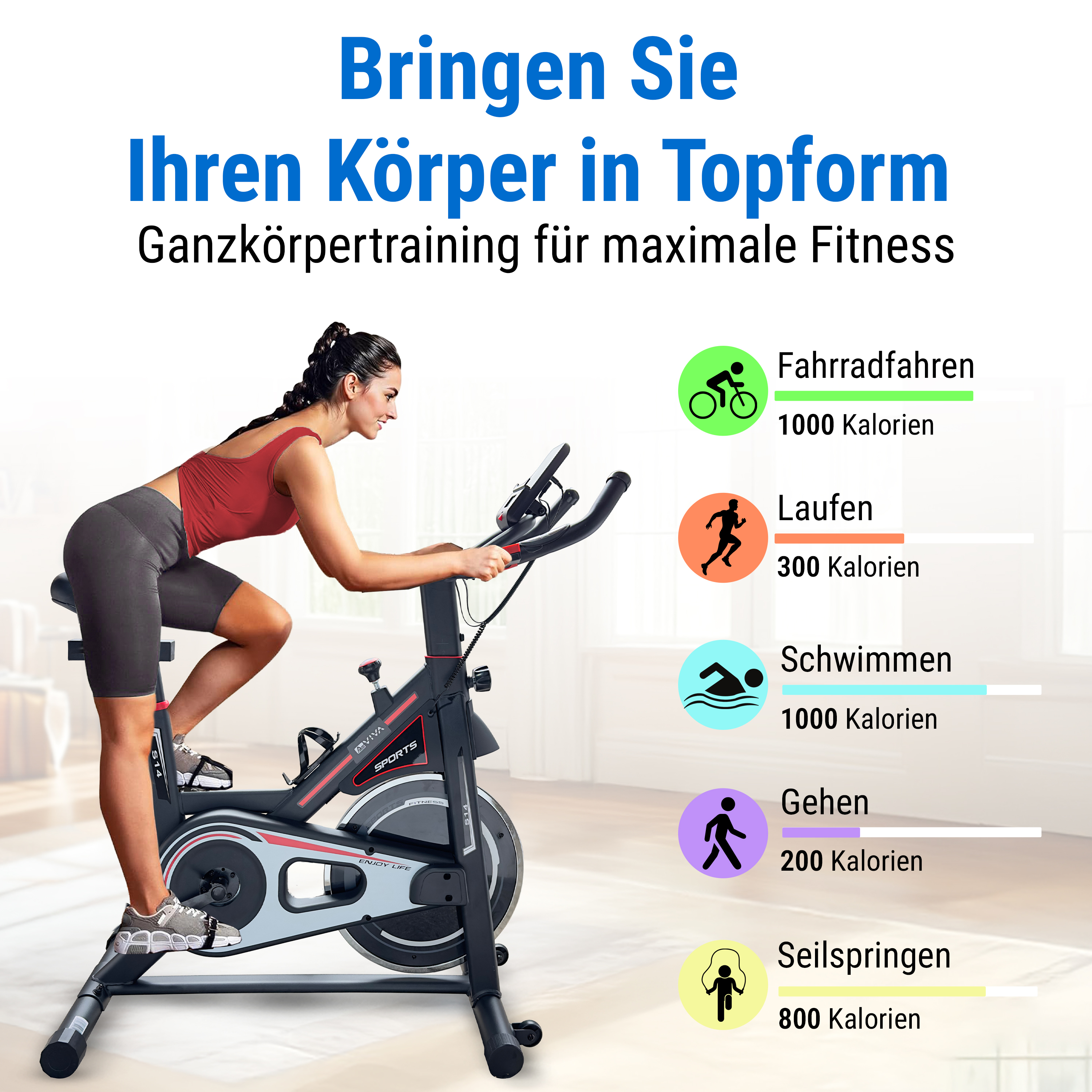 Frau auf einem Heimtrainer. Text zeigt Übungen und Kalorienverbrauch. Hintergrund ist ein heller Farbverlauf.