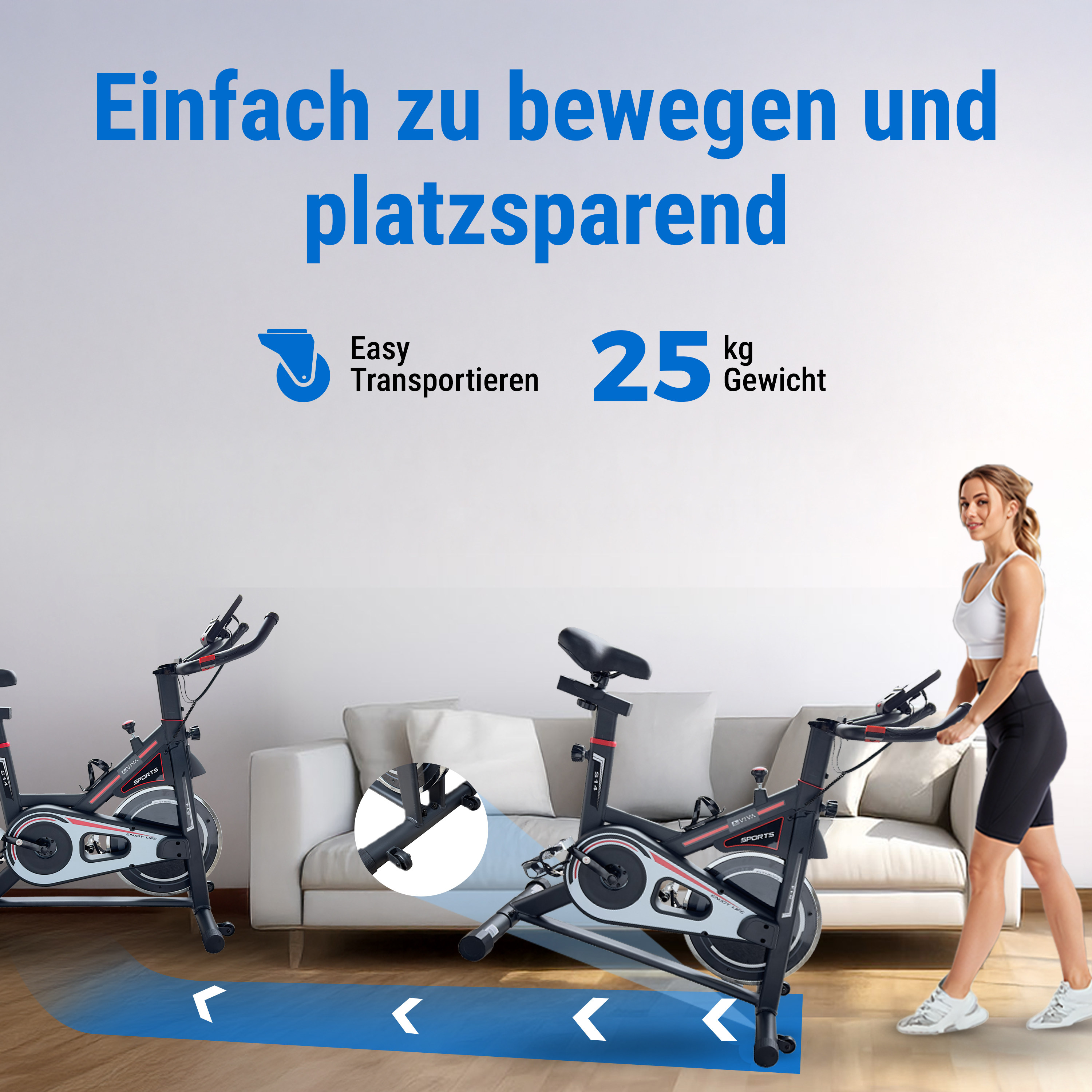 Eine Frau neben einem Heimtrainer. Text zeigt einfachen Transport und 25 kg Gewicht an.