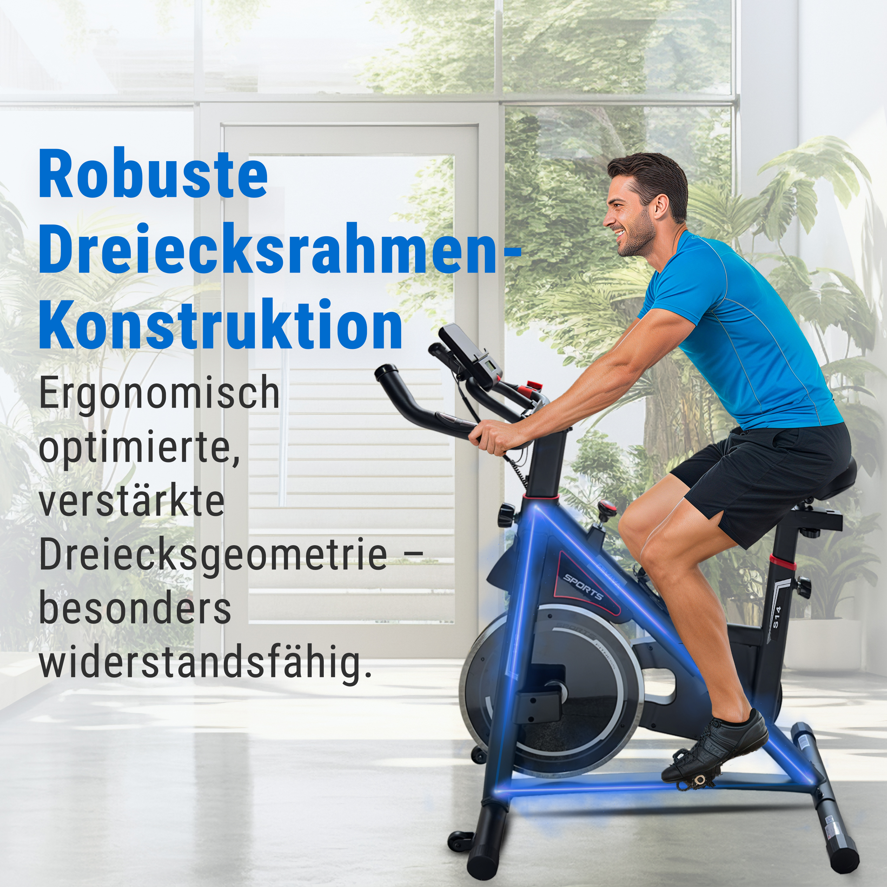 Mann auf einem stationären Fahrrad, blaues Hemd, drinnen. Text lautet 'Robuste Dreiecksrahmen-Konstruktion'.