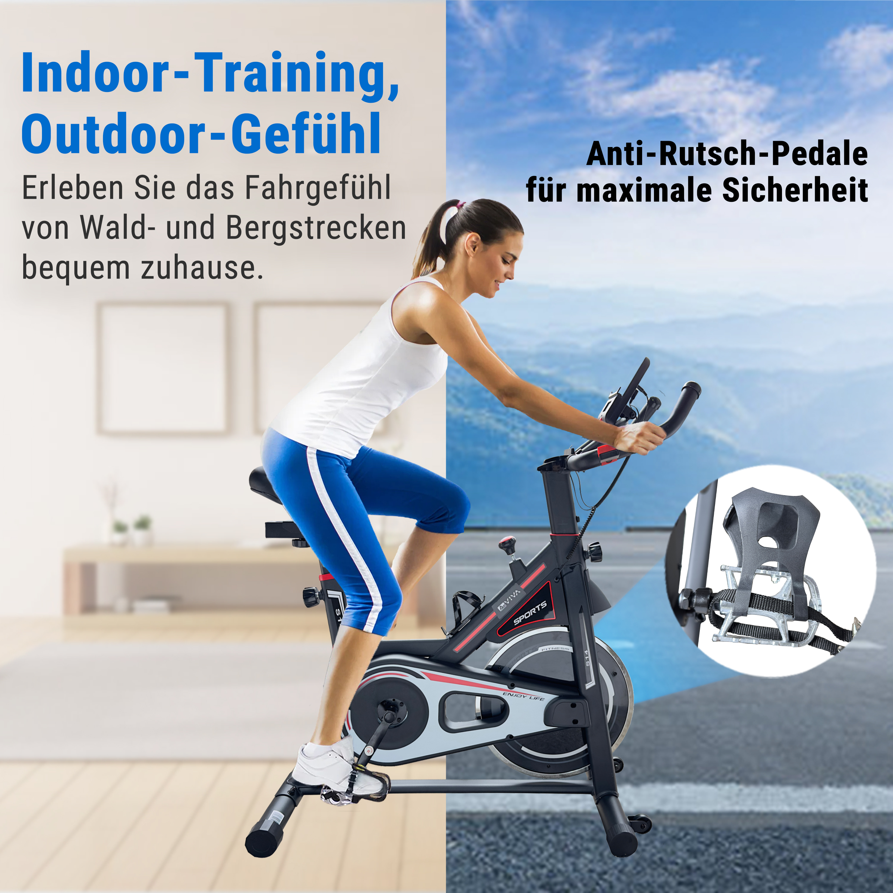 Frau auf einem Heimtrainer. Im Hintergrund Berge und Himmel. Nahaufnahme der Fahrradpedale.