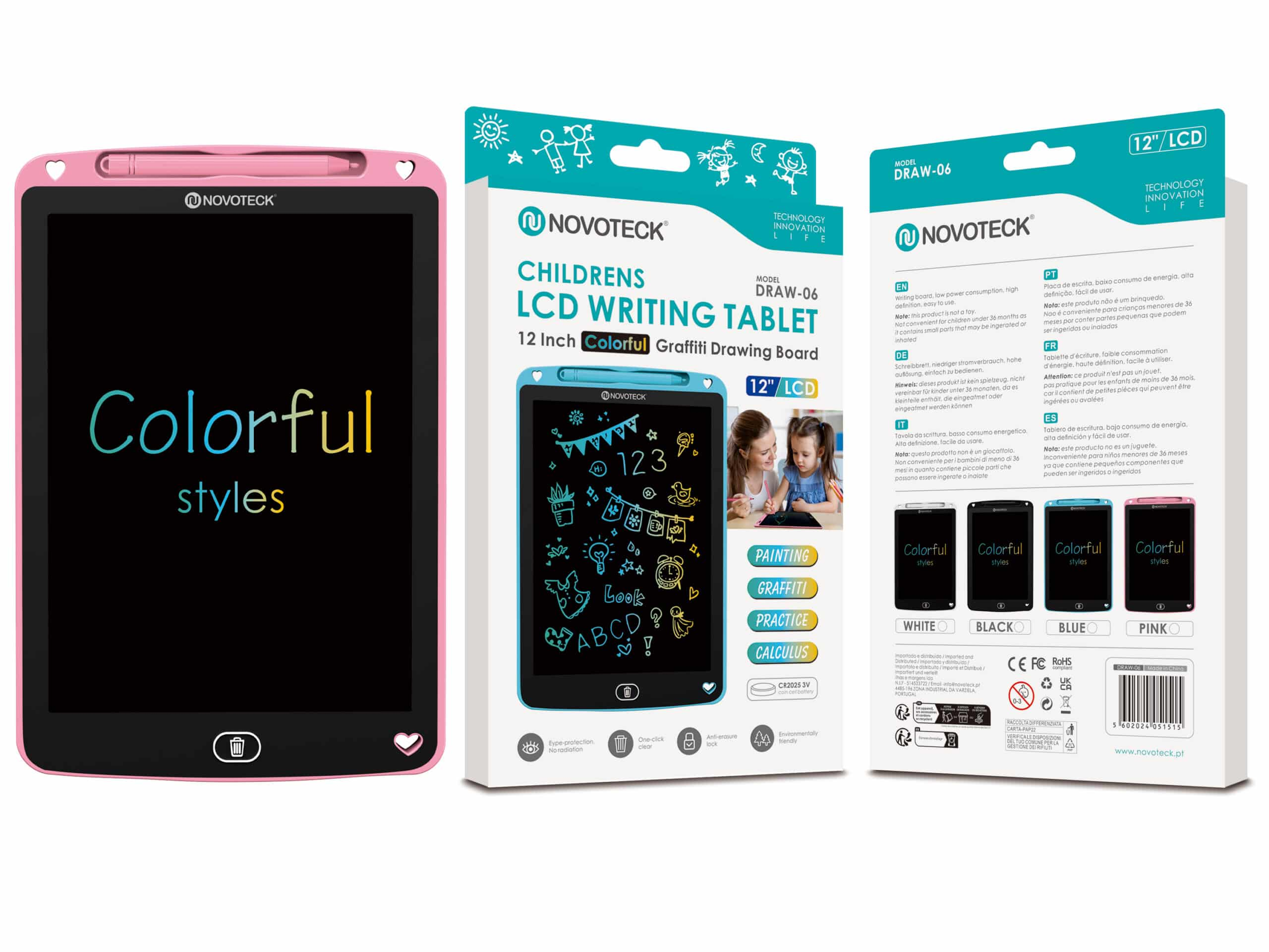 Tableta de escritura LCD rosa con dibujos y texto, incluyendo Colorful styles. Una caja blanca muestra detalles del producto.