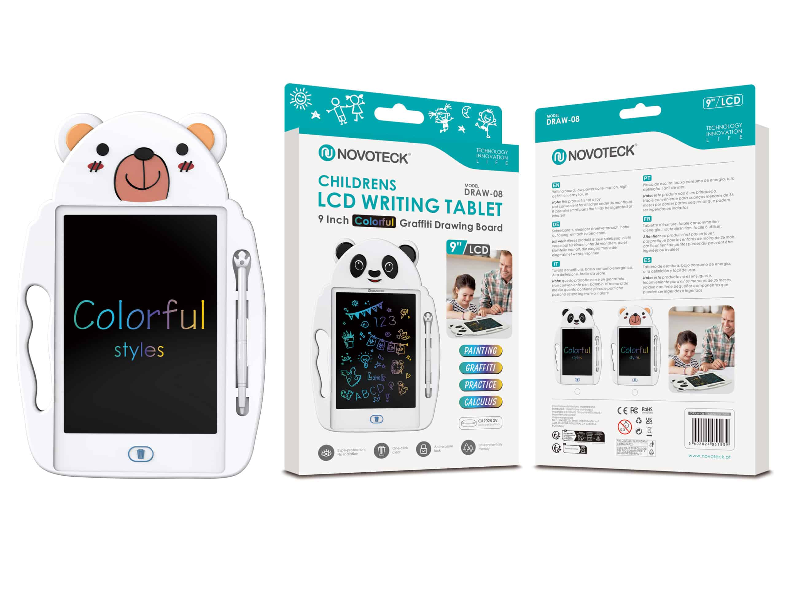 Una tableta de escritura LCD blanca para niños, con forma de panda, con texto colorido y un bolígrafo.