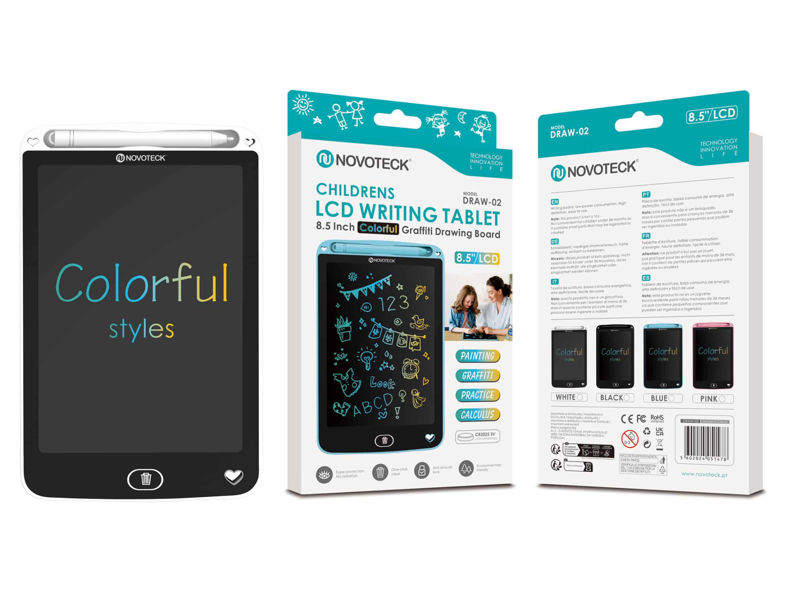 Una caja de tableta de escritura LCD colorida. Tiene la marca Novoteck, y las características y beneficios del producto están listados.