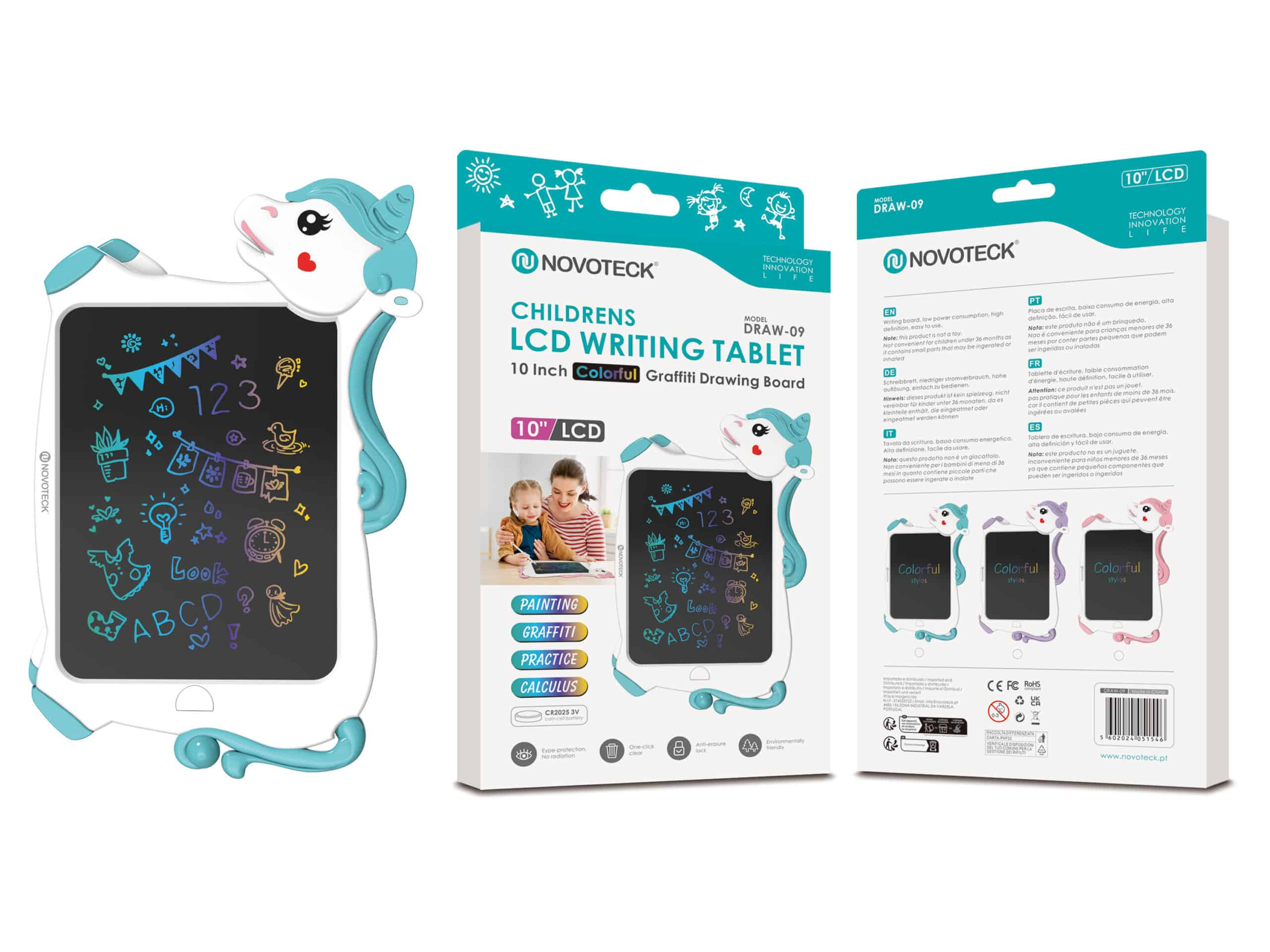 Tableta de escritura infantil con diseño de unicornio y dibujos coloridos en la pantalla.
