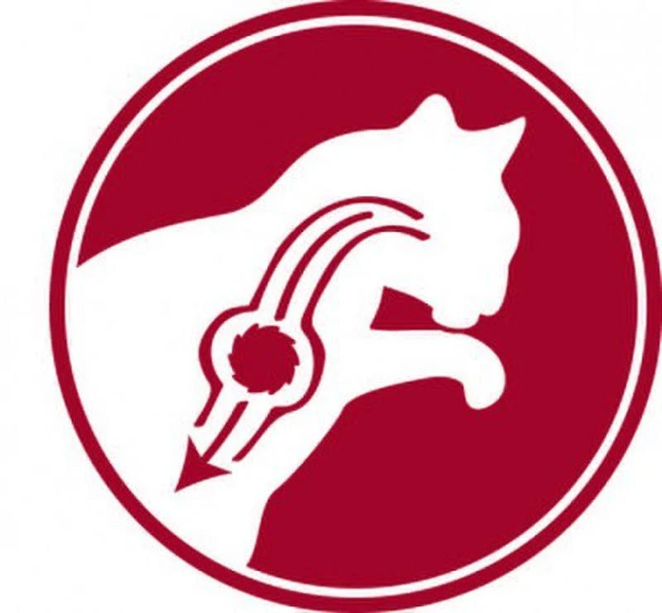 Silueta de gato blanco dentro de un círculo rojo. Diseño interno con líneas y patrón circular que apunta hacia abajo.