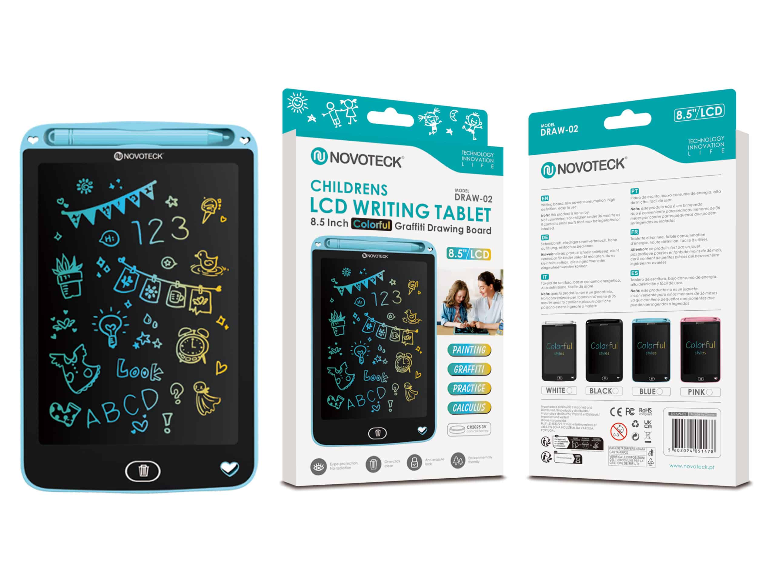 Tableta de escritura LCD azul con dibujos coloridos. Texto: 'Childrens LCD Writing Tablet'.
