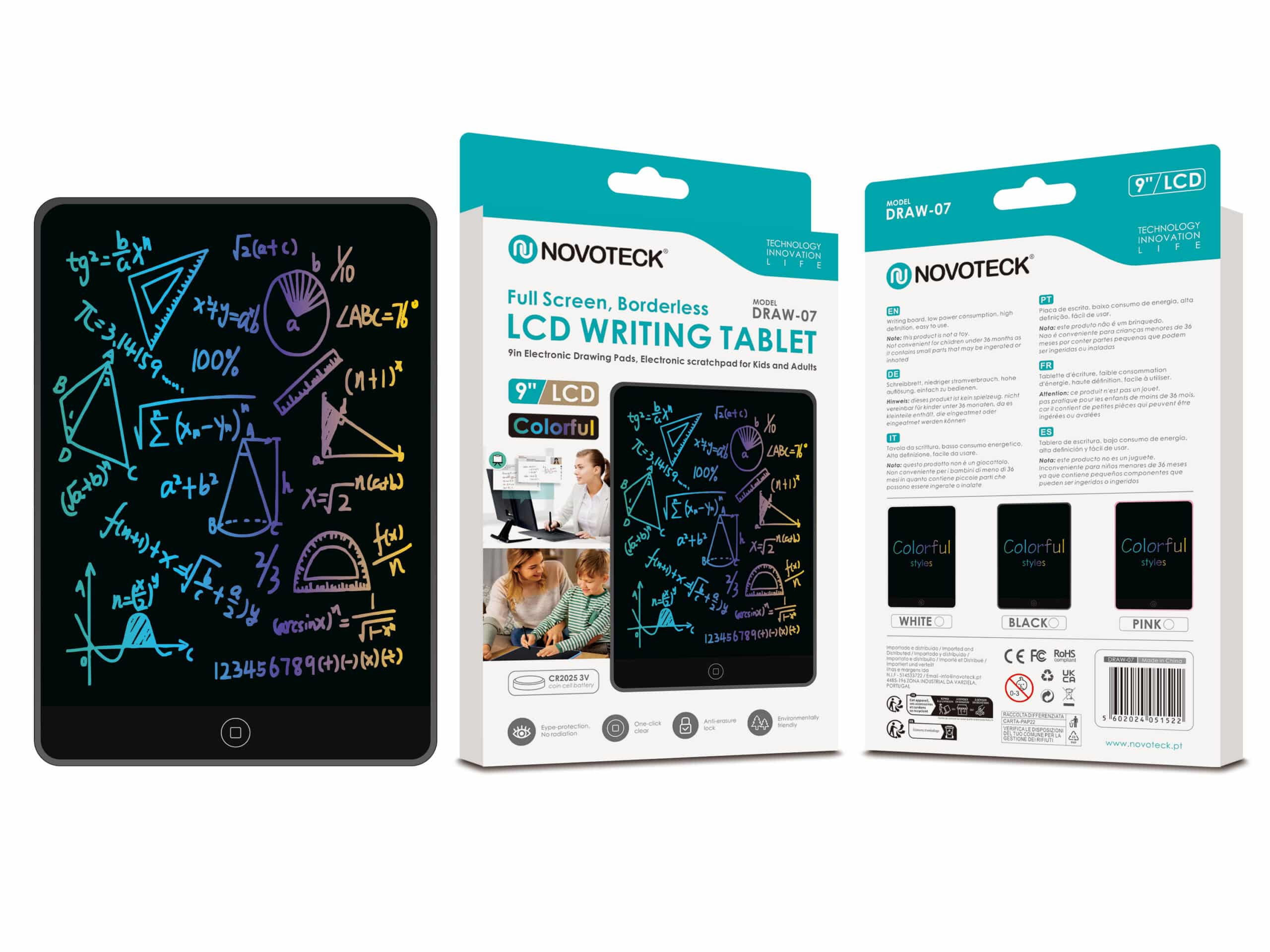 Tableta de escritura LCD negra con fórmulas matemáticas, un paquete y el logotipo de Novoteck.
