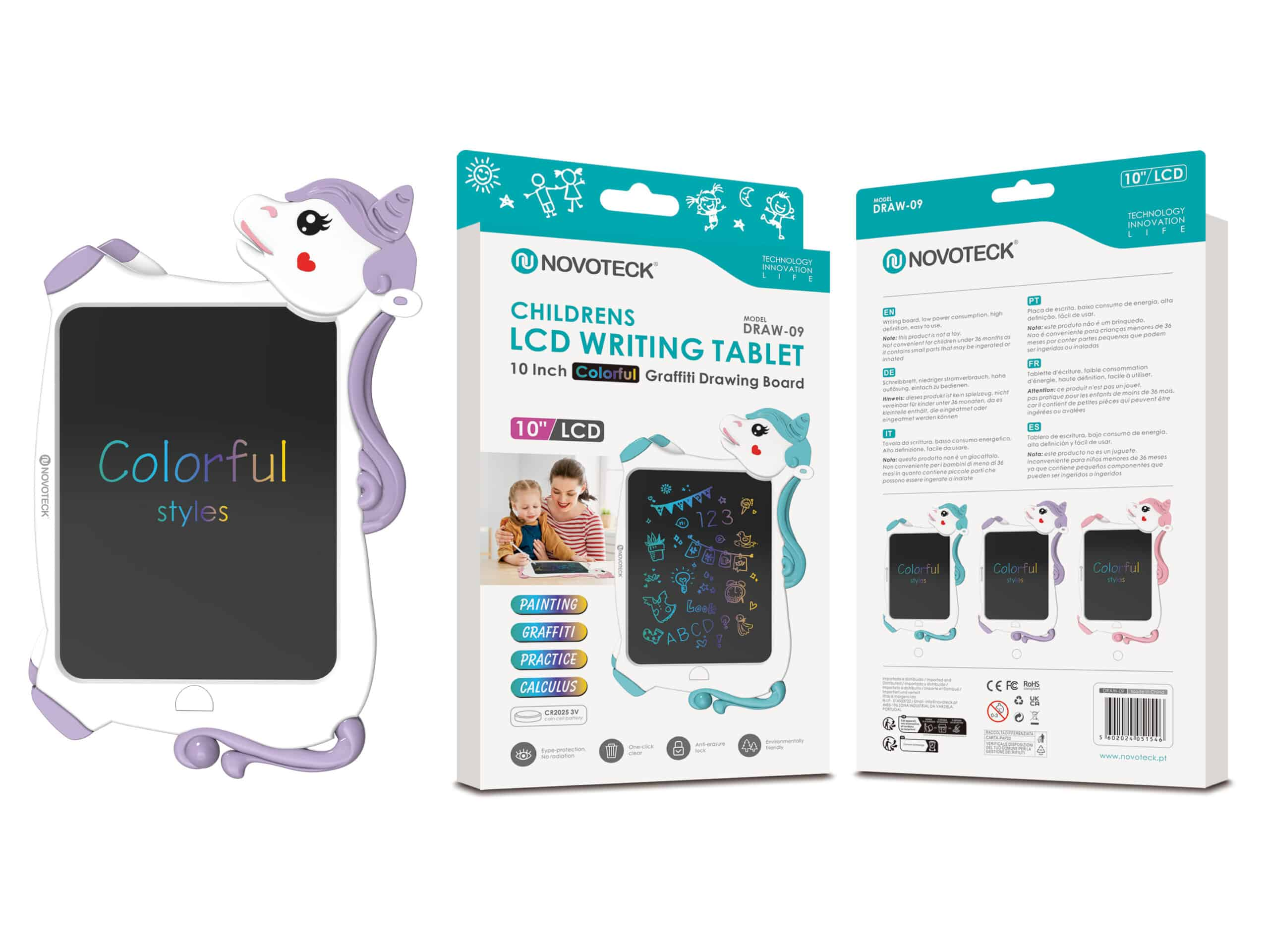 Tableta de escritura infantil con diseño de unicornio y texto colorido, con varias etiquetas de texto.