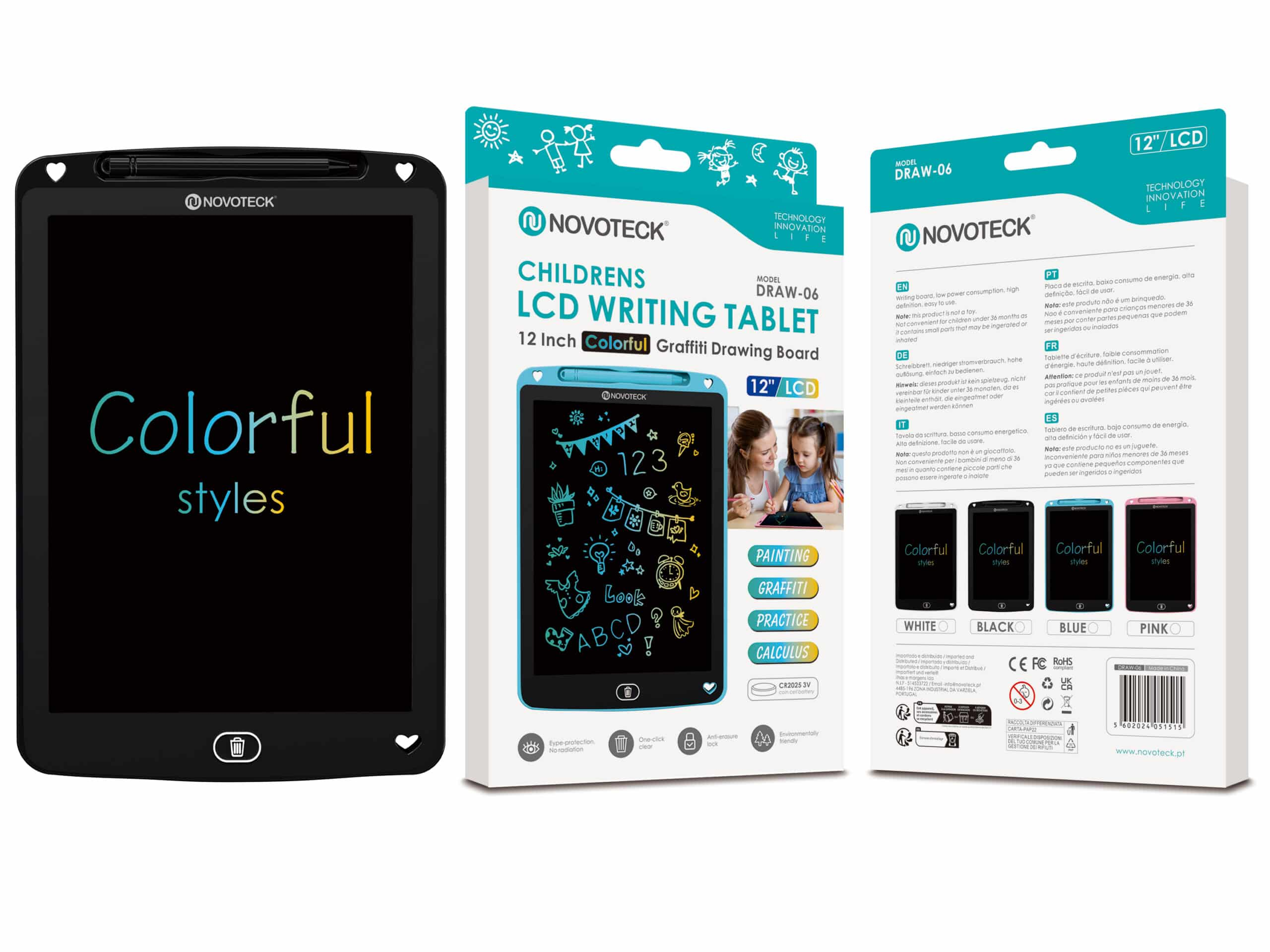 Una tableta de escritura LCD para niños con dibujos en la pantalla y texto colorido, con un fondo blanco.
