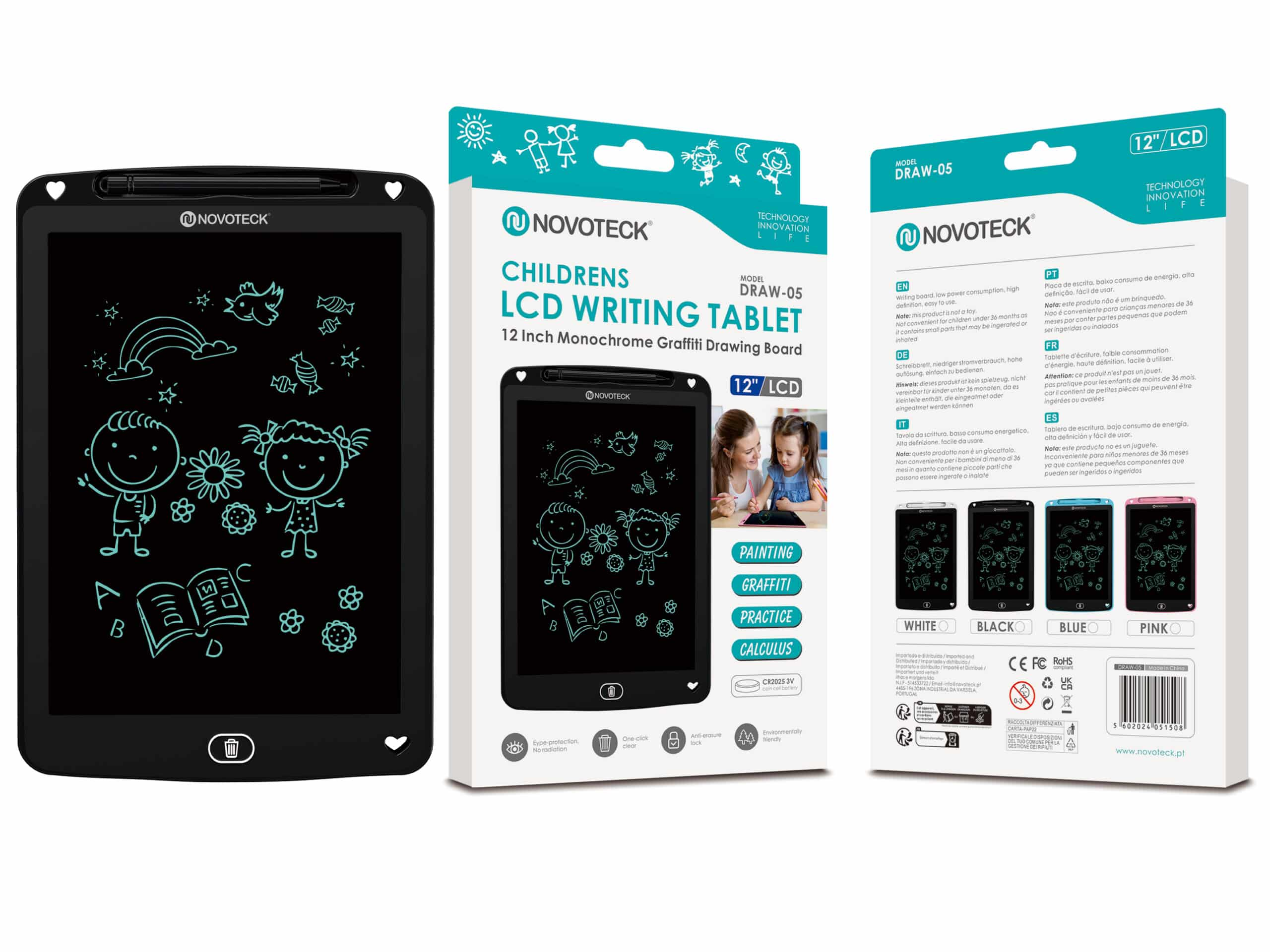 Una caja de tableta de escritura LCD para niños. Muestra una tableta de dibujo con garabatos y texto en varios idiomas.
