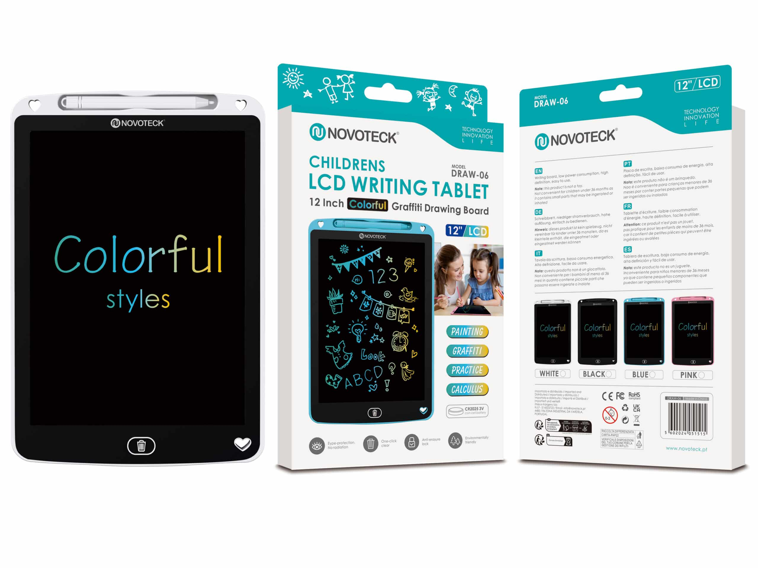 Una tableta de escritura LCD colorida con borde azul, parte trasera blanca y pantalla negra. Tiene un lápiz.