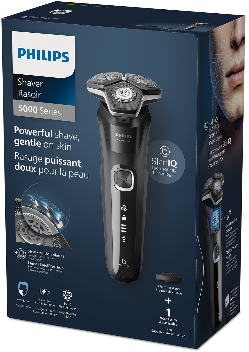 Pudełko z golarką Philips. Czarna golarka z trzema obrotowymi głowicami. Zawiera technologię SkinIQ, stację ładującą i akcesorium.