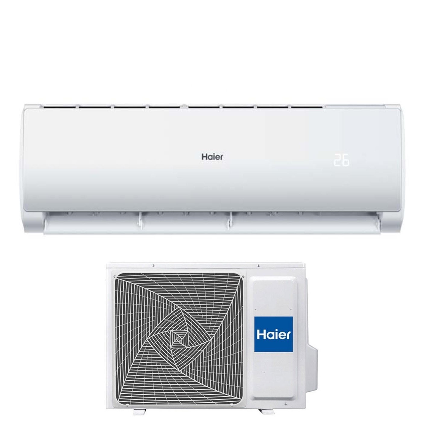 Sistema di condizionamento Haier bianco. L'unità interna mostra 26 gradi. L'unità esterna ha una ventola e il logo Haier.