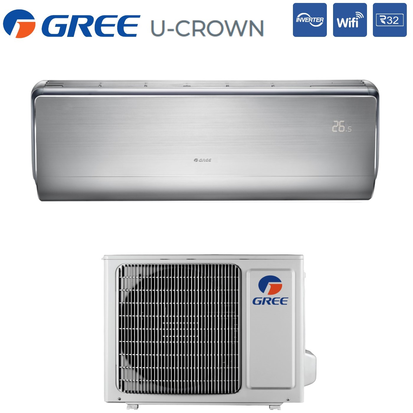 Condizionatore Gree U-Crown. Sopra: unità interna, argento. Sotto: unità esterna, bianca. Loghi e icone tecnologiche in alto.