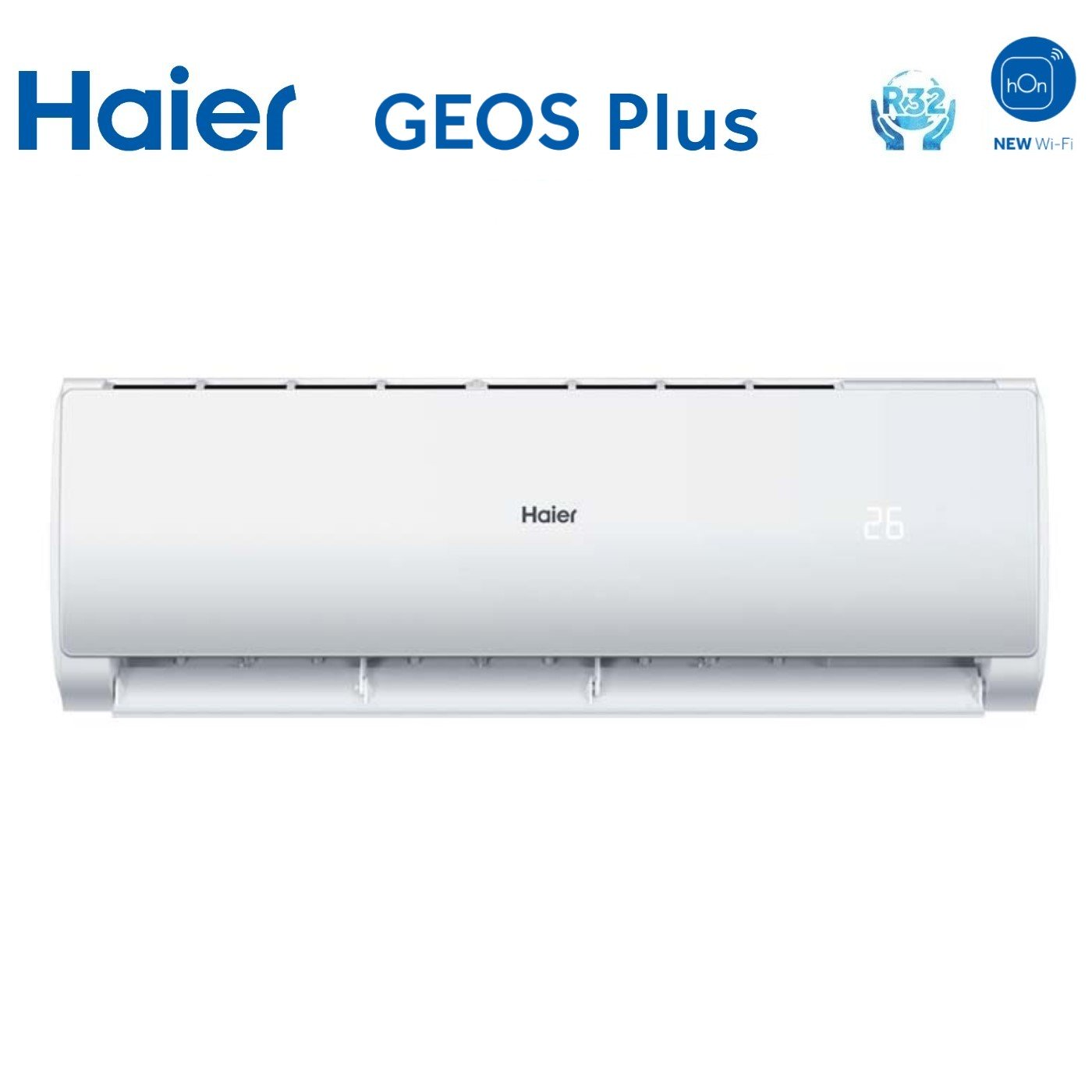 Un condizionatore bianco Haier GEOS Plus. Il display mostra 26. Presenti i loghi R32 e hOn New Wi-Fi.
