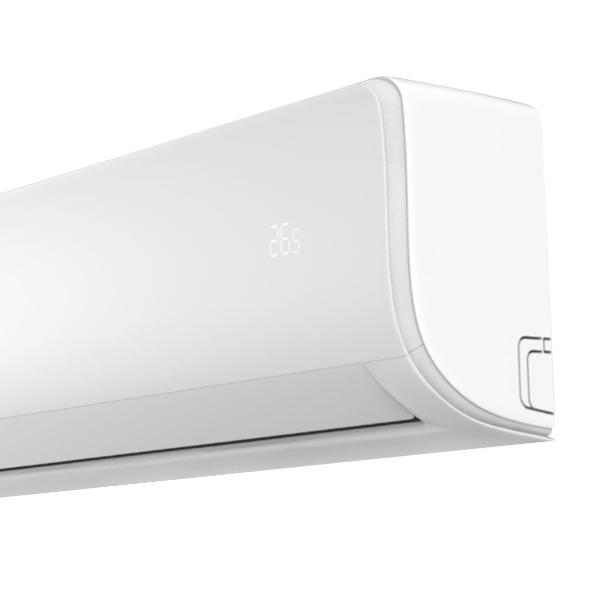 Un condizionatore bianco con display digitale che mostra 26,5. Ha un design curvo e si trova su uno sfondo bianco.