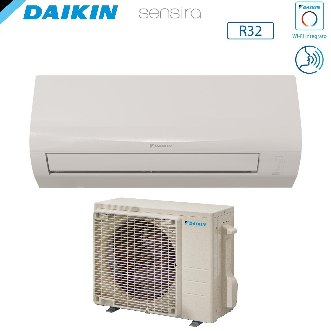Un condizionatore Daikin Sensira bianco. Ha un'unità interna e una esterna. Simboli R32 e Wi-Fi integrati visibili.